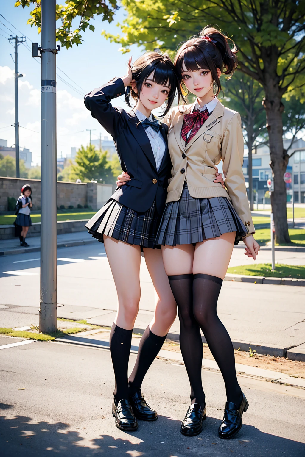 (((masterpiece, highest quality, High resolution, 超High resolution, Perfect Pixel, Depth of written boundary, 4K, RTTX 10.0, High resolution))), Beautiful Anime Woman, Beautiful art style, Anime characters, ((Smooth texture, Realistic texture, Anime CG Style)), Perfect body, (Slender body:1.2), Exact finger count、Exact number of legs、(Exact number of arms:1.0, Exact number of hands:1.0), Best Shadow, The best natural light, Cinematic, Realistic, highest quality, High resolution, Perfect lighting, Extremely detailed CG, (Perfect hands, Perfect Anatomy), Daytime lighting, whole body, ((Long Hair, bangs, Dark brown hair, Different types of hairstyles, Twin tails, ponytail)), (Detailed face, Beautiful Face, Beautiful eyelashes), (Four grown women are walking side by side, flipping up their skirts:1.4), (Fashionable white shirt, Sailor collar, Knee-high socks, loafers, Pleated mini skirt:1.3)、Angle from the front, ((Stylish shiny satin panties, Side-tie panties, All different color panties, White panties, Dark pink panties, Light blue panties, Dark Blue Pante, black lace trim:1.3)), (Beautiful and thin thighs, Beautiful little ass:1.3), Feeling embarrassed, blush, Embarrassed expression, (City hustle and bustle, Buildings on the background, intersection, Lots of people in the background:1.3)