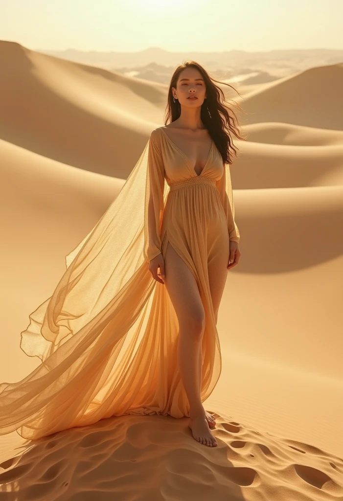 Sunrise in the East,In the desert,dune上,dune,A young and beautiful Korean woman,Wearing a transparent see-through gauze skirt,scarf,Strong wind blows the gauze skirt,The gauze skirt is very long,Floating in the air,Show off a woman’s beautiful figure,The buttocks are large and round,Big breasts,looming,Professional Sony Camera,Character distance shot,wide angle,Best results,More intricate details,Best resolution 8k quality,High-definition and detailed picture quality