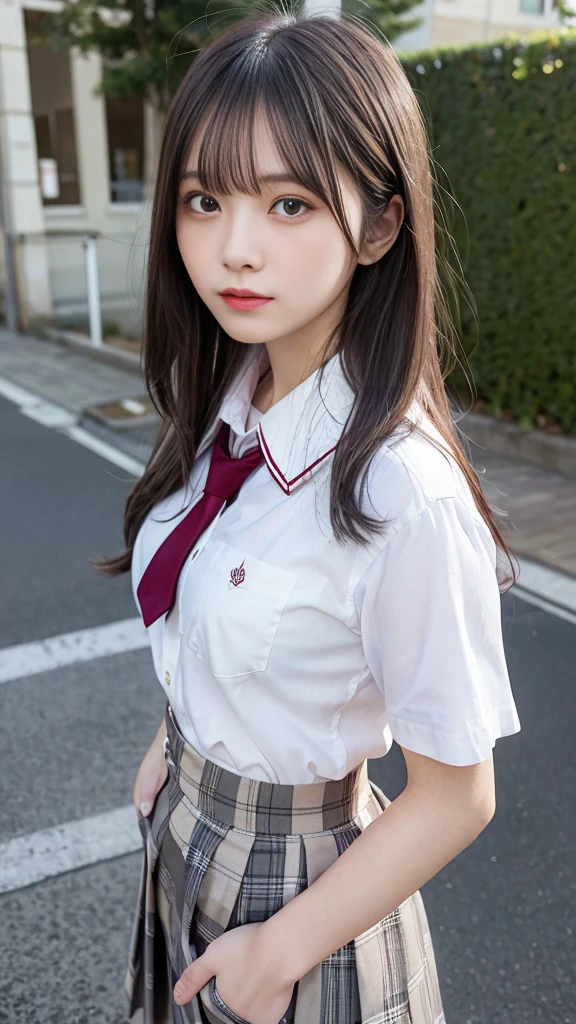 (masutepiece, Best Quality:1.2), 8K, 18year old, 85 mm, Official art, Raw photo, absurderes, White dress shirts, Pretty Face, close up, Upper body, violaceaess, gardeniass, Beautiful Girl, School uniform, (Navy pleated skirt:1.1), Cinch West, thighs thighs thighs thighs, Short sleeve, on train, Sit on a bench seat, Looking at Viewer, No makeup, (Smile:0.4), Film grain, chromatic abberation, Sharp Focus, face lights, clear lighting, , Detailed face, Bokeh background, (dark red necktie:1.1)、Colossal tits