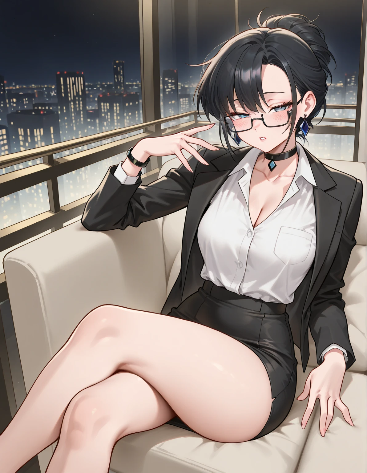 1girl in, Hiderm, masutepiece, Best Quality, extra detailed face, Sharp details, Perfect Lighting, Pants, Jacket, Suit, seducting smile, NFSW, grabbing on breasts, Breast Lift , Happy smile, blush、(Full body:1.2), (Indoor ,Fine background),on a couch