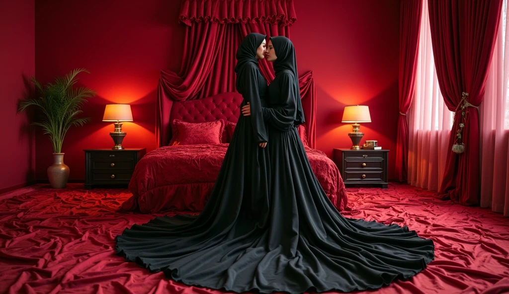 Two woman in the translucent night gown, half naked, nipple on with nipple piercing, shibari,tied with red satin rope,wearing satin hijab, full body,mermaid tight long gown, flowy dramatic long gown,very long flor length gown, tall women, in luxury bedroom , sexy face, sexy pose, wear high heels, masterpice