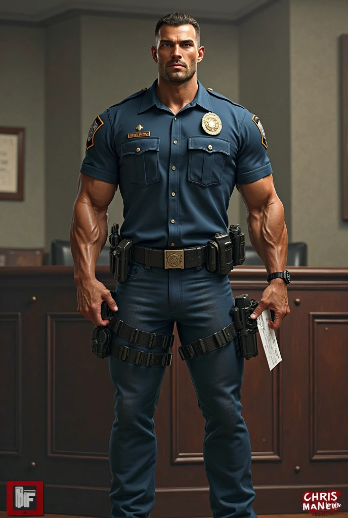 Handsome indian ZANDER 50 years old masuculine bodybuiler GURJAR indian wrist bands with spiky hairstyle police officer weared light khaki uniform, standing in police station