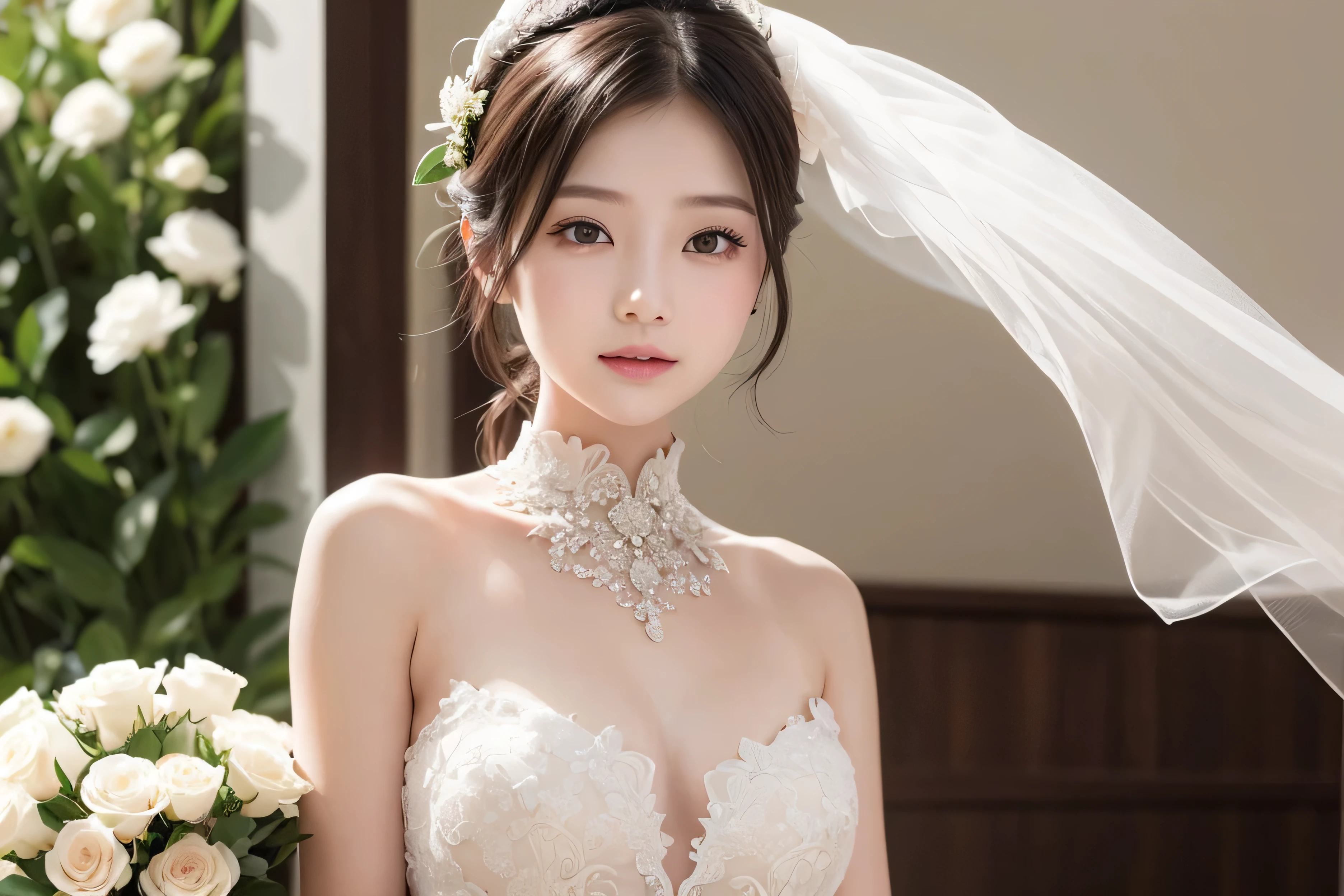 (highest quality,8k,masterpiece), Rough skin, Anatomically correct, sharp, mountain background, bokeh ((mature Japanese, )), alone, Shapely medium thight breasts, Straight light silver hair that reaches the shoulders, slender body type (((Stand upright, Facing the center of the screen.))), Close your mouth and look straight ahead with a serious face, white choker, scarf, wedding gown, majestic, tiara, white stocking, skinny thight、 View Camera。sexy makeup, medium ass