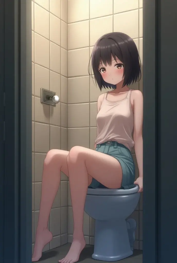 Beautiful girl, short hair, boyish, sexy, wearing sports bra, shy, hot, pooping in the toilet, embarrassed, angry, shy expression, tight sports bra, squeezing her breast, cleavage, shy, very mad, dynamic pose, pose, shy pose, angle shot, dynamic shot, sexy, best dynamic shot, angle shot, closed eyes, pooping in the toilet, sweaty, blushing, horny, big thighs , big butt, her teeth is showed, small breast, small breast