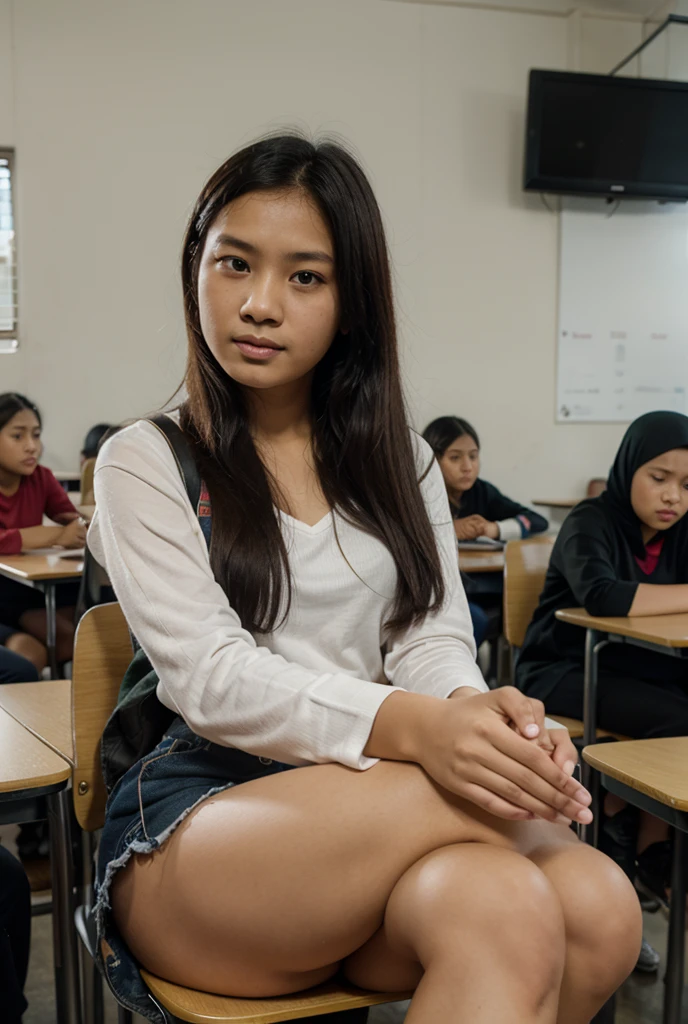 Hijab, Short body, Masturbation, Indoensian girl, At classroom, Surrealism, 8k, super detail, full body, sit down at table, spread leg, open leg,