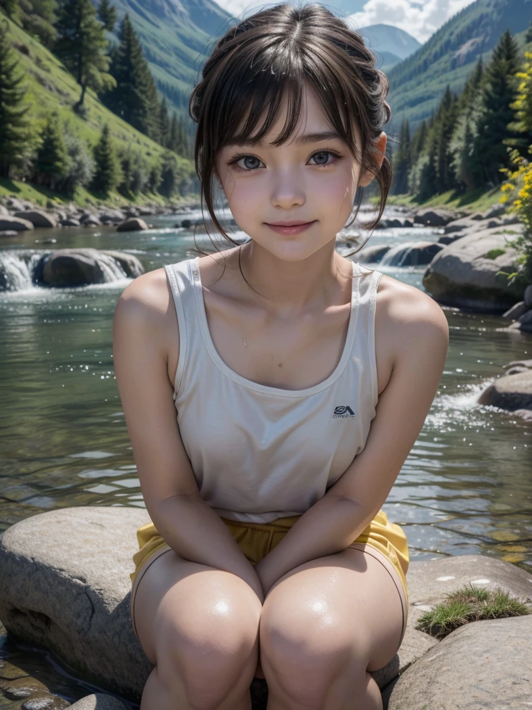 1 girl sits on a log with her legs open,legs separated, Background lakeside, Brown hair, Short hair, Closed eyes, Pointy ears, Open mouth, Blush, nose blush, High detail, modern, leaning-forward, Cinematic lighting, Sparkle, god light, Ray tracing, reflective light, retinas, Anatomically correct, Textured skin, High details, Best quality, A high resolution, 8K
