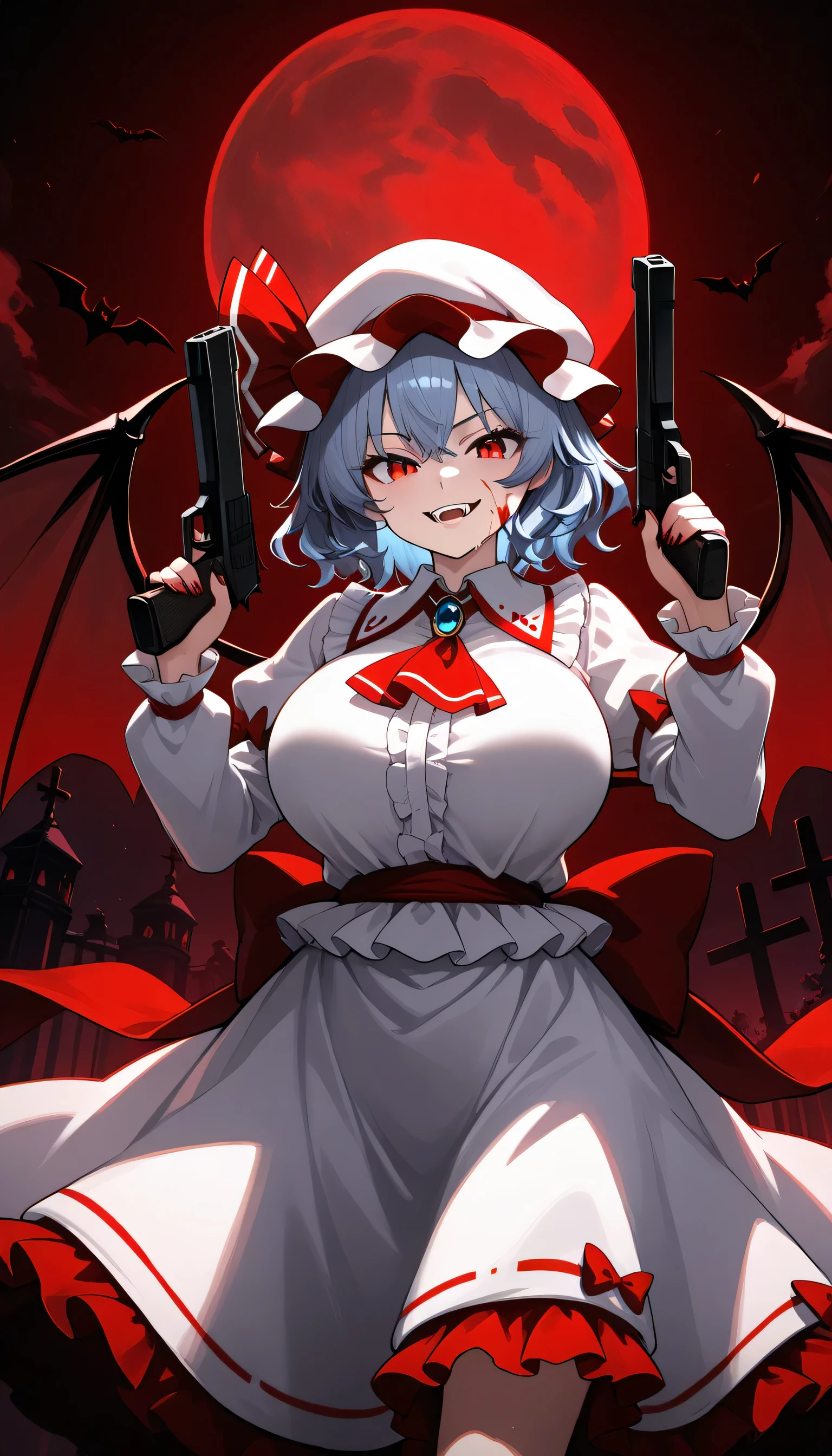 huge_breasts, sweat, Give your images flat even illumination (negative) or dramatic chiaroscuro lighting (positive)), 1girl, remilia_scarlet, solo, weapon, wings, hat, dress, red_eyes, red_nails, holding, gun, moon, red_moon, bat_wings, cross, hair_between_eyes, long_sleeves, holding_weapon, jewelry, looking_at_viewer, bangs, handgun, white_dress, mob_cap, full_moon, holding_gun, puffy_sleeves, dual_wielding, hands_up, sky, fingernails, nail_polish, teeth, short_hair, headwear_removed, night, frills, white_headwear, back_bow, hat_removed, red_background, night_sky, ascot, smile, fangs, red_bow, bow, standing, red_sky, , pink_headwear, collared_dress, no_headwear, grey_hair, medium_hair, eyes_visible_through_hair, puffy_long_sleeves, blue_hair,Blood on face,Blood in the body, blood,