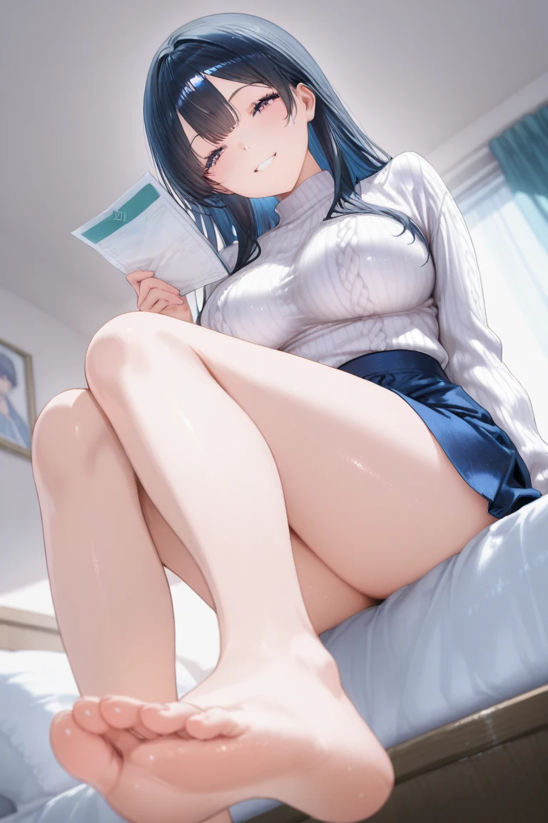 1akane kurokawa,solo,large breasts,clothes in mouth, cleavage, navel, t-shirt, ((bra)),clothes lift, skirt, lying, full Body,sexy body,sitting