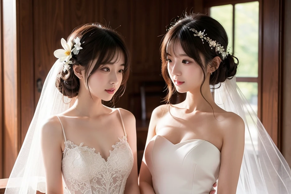 (realistic、Like a photograph、live action、8k, Photoreal, RAW photo, best image quality: 1.4), Single-lens reflex camera、RAW photo, highest quality, realistic, Highly detailed CG Unity 8k wallpaper, Depth of written boundary, cinematic light, Lens flare, ray tracing, realistic background、(Wedding dress:1.5、cleavage:1.37、big breasts、lift:1.2)、((super dense skin))、 1 female,cute japanese woman、japan bride、((completion:1.5)、looking at the viewer:1.1、embarrassed look、random hairstyle:1.2、i like the style、Snazzy、Super detailed、pay attention to details、long hair、hair arrangement、hair is up、perfect bridal dress、(white skin)、beautiful feet:1.1、stand in church、great atmosphere、View from the front、beautiful background、Detailed background depiction、detailed portrait