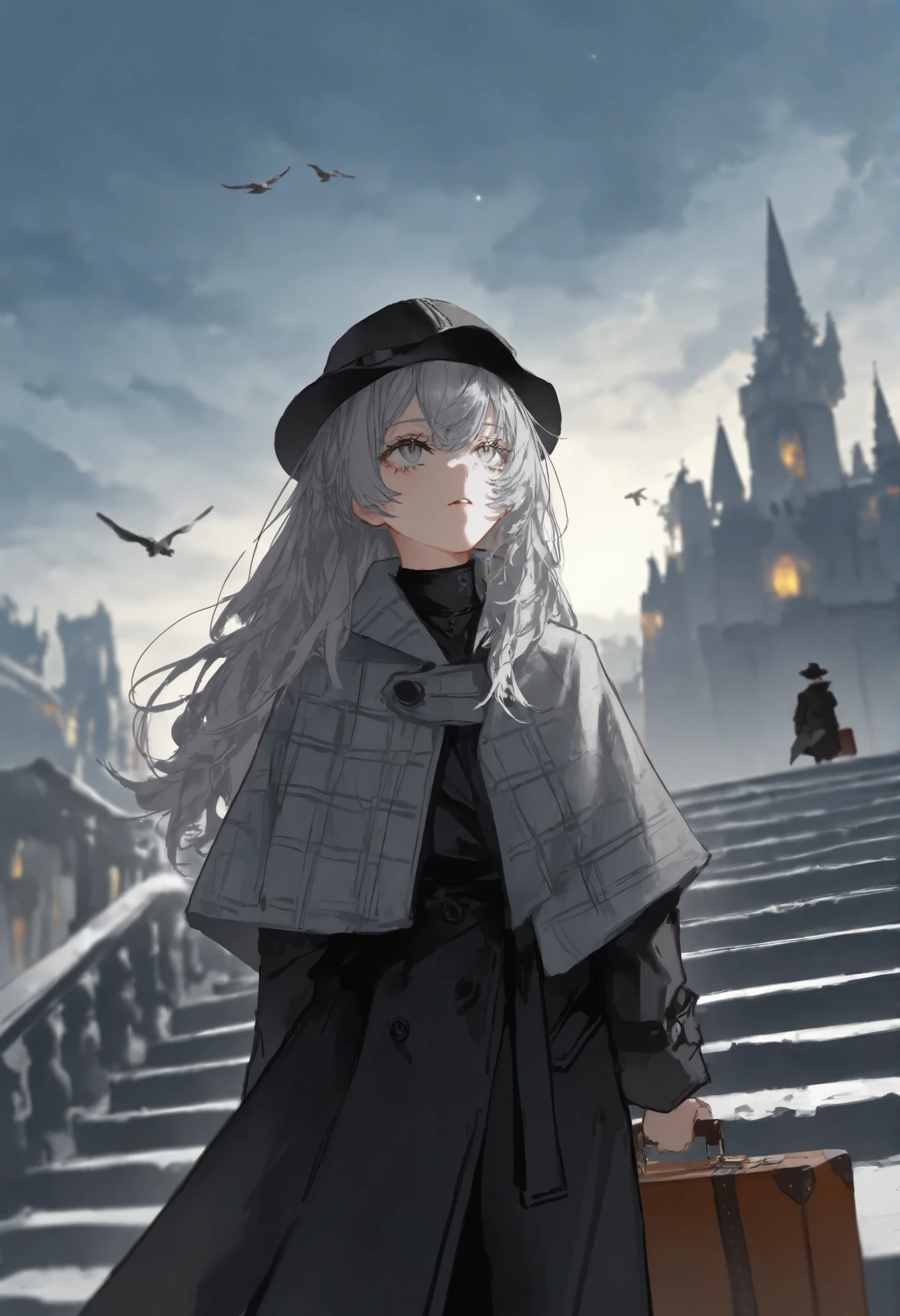 1 Girl,gray shawl hair,gray eyes,black coat,black square hat ,detective, atmosphere under the stars,Castle,cloudy day,Looking up,Suitcase ,Stairs,Bird,Blurred foreground