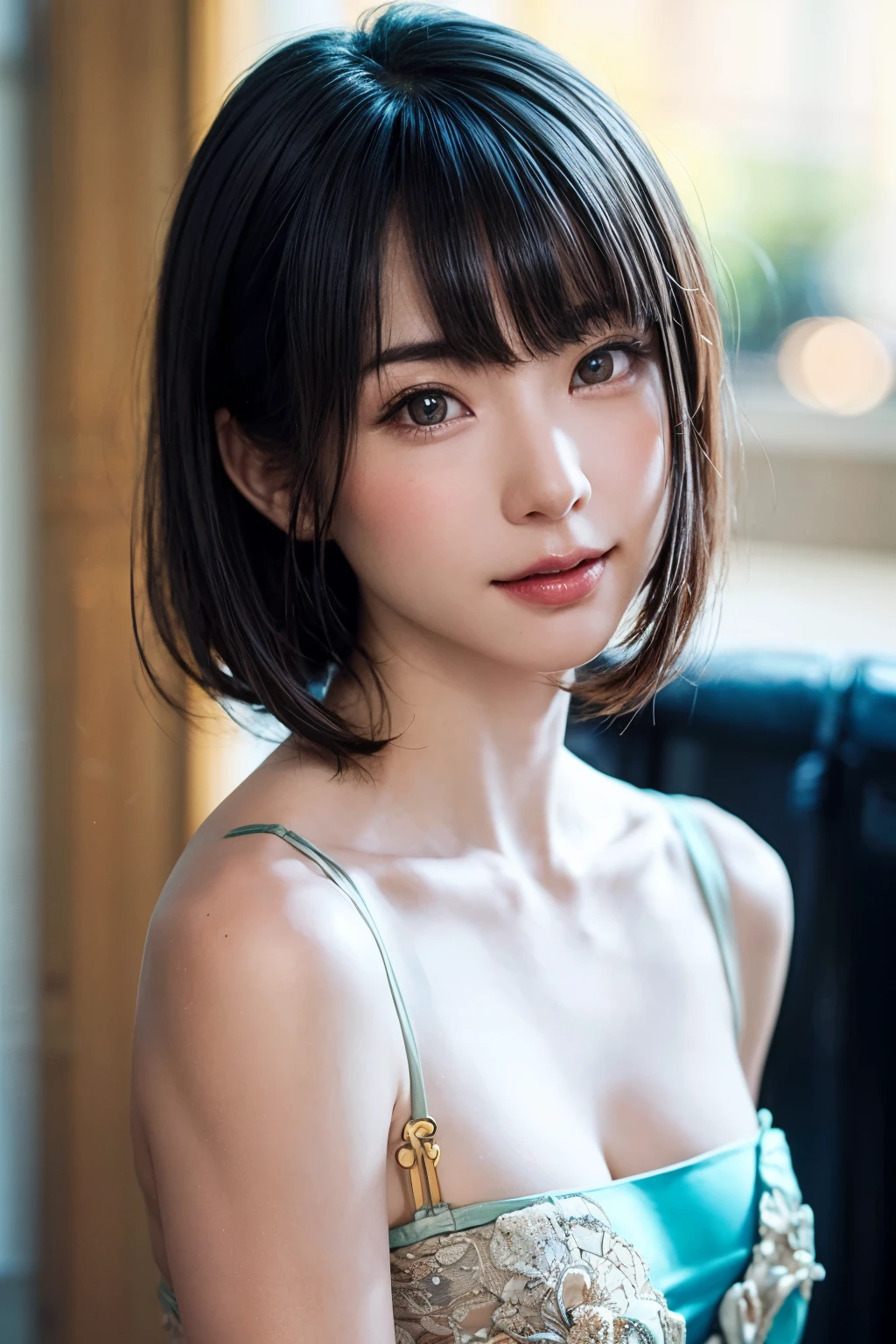 ((masterpiece, Highest quality, High resolution、Everything is beautifully detailed)), 1 girl, (Realistic: 1.4), alone, White Background, snow-White Background, Mouth closed, smile, smile, Beautiful black hair, short hair, Big eyes, Transparent double eyelids, eyelash, Listen carefully, Long neck, 美しくLong neck, Absolute area, ((Face close-up)), (Draw the whole head, shoulder), 19 years old, Attractive proportions, Glowing Skin, Beautiful clavicle, Golden ratio face, Perfect Face, Teardrop-shaped mole, chestのほくろ, bangs, clean bangs, beautiful bangs, Lip gloss, Thin lips, Fair skin, naked, Big Breasts, {Huge|big|Hugeな|Mega} chest, chestの谷間,Small face, Small face, All the heads are painted, shoulder all drawn, Point slightly above the camera