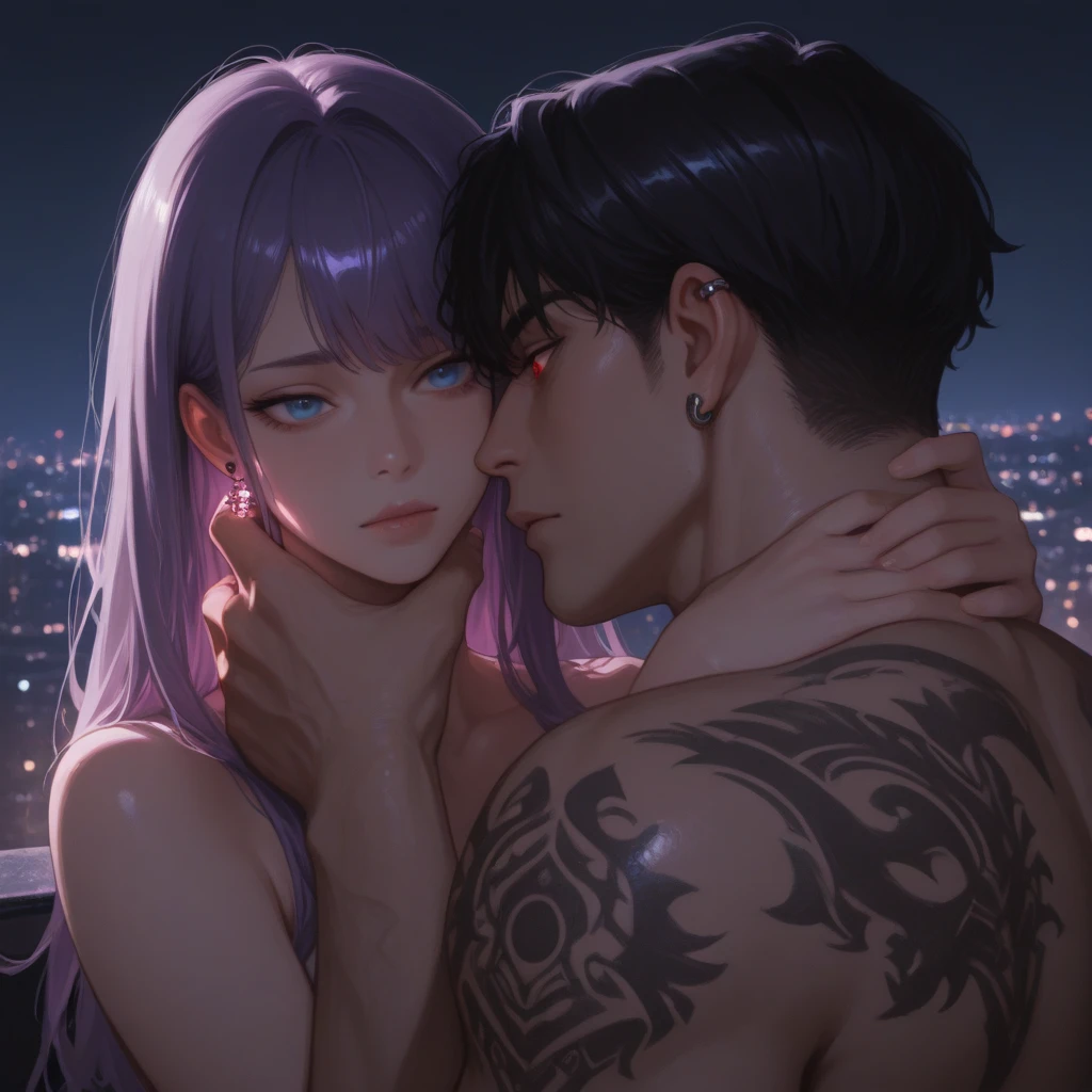 A couple (a man and a woman) sexy, half naked, with a purple palette --auto --s2
