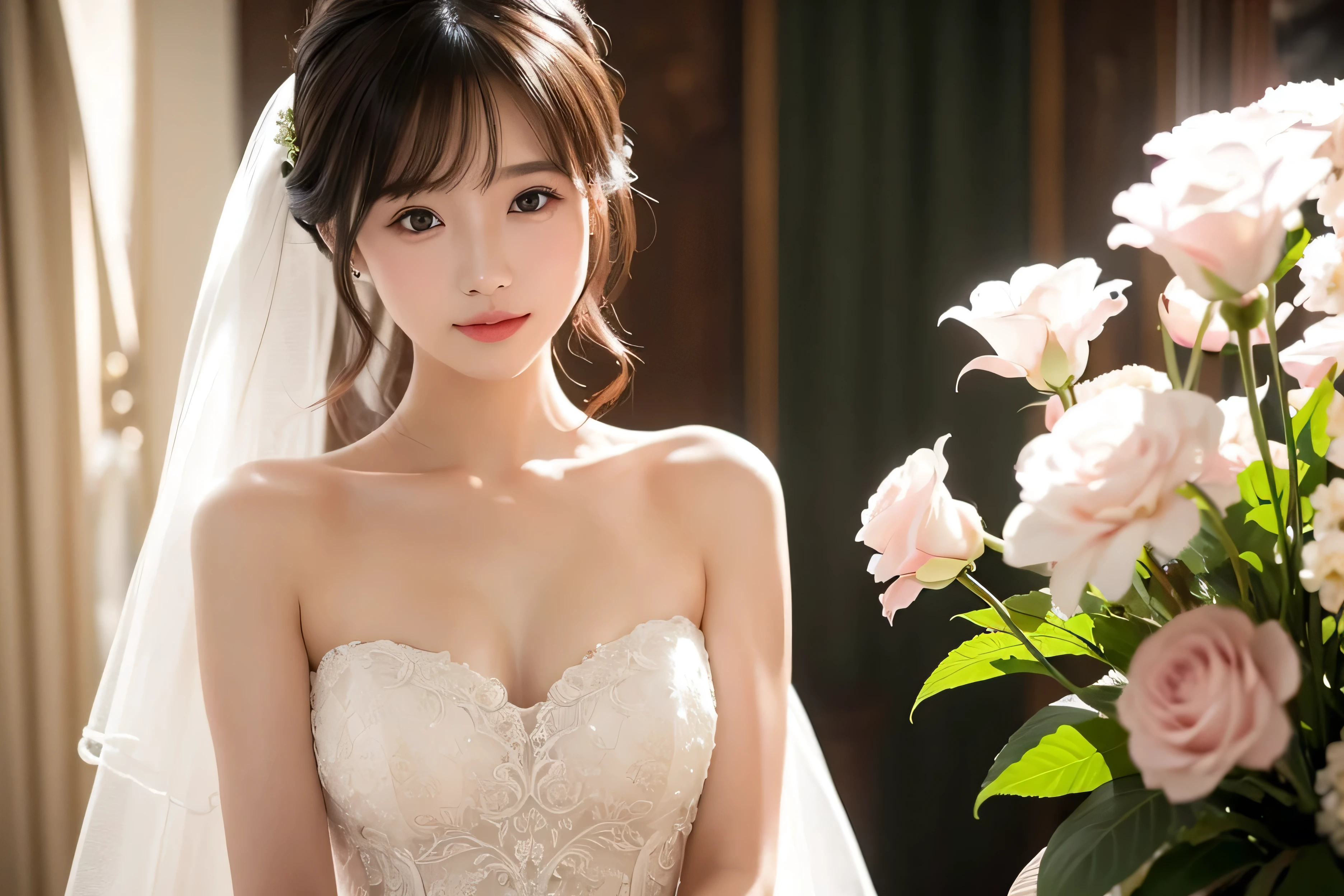 Tabletop, highest quality, figure, Very detailed, In detail, High resolution, 8k wallpaper, Perfect dynamic composition, Beautiful fine details, Wedding dress,Medium Hair, Center of chest, Natural color lip, Random sexy poses,smile,Chapel,White roses bouquet,