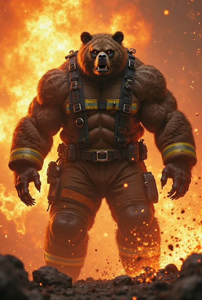 Gorilla dressed as a firefighter at a fire