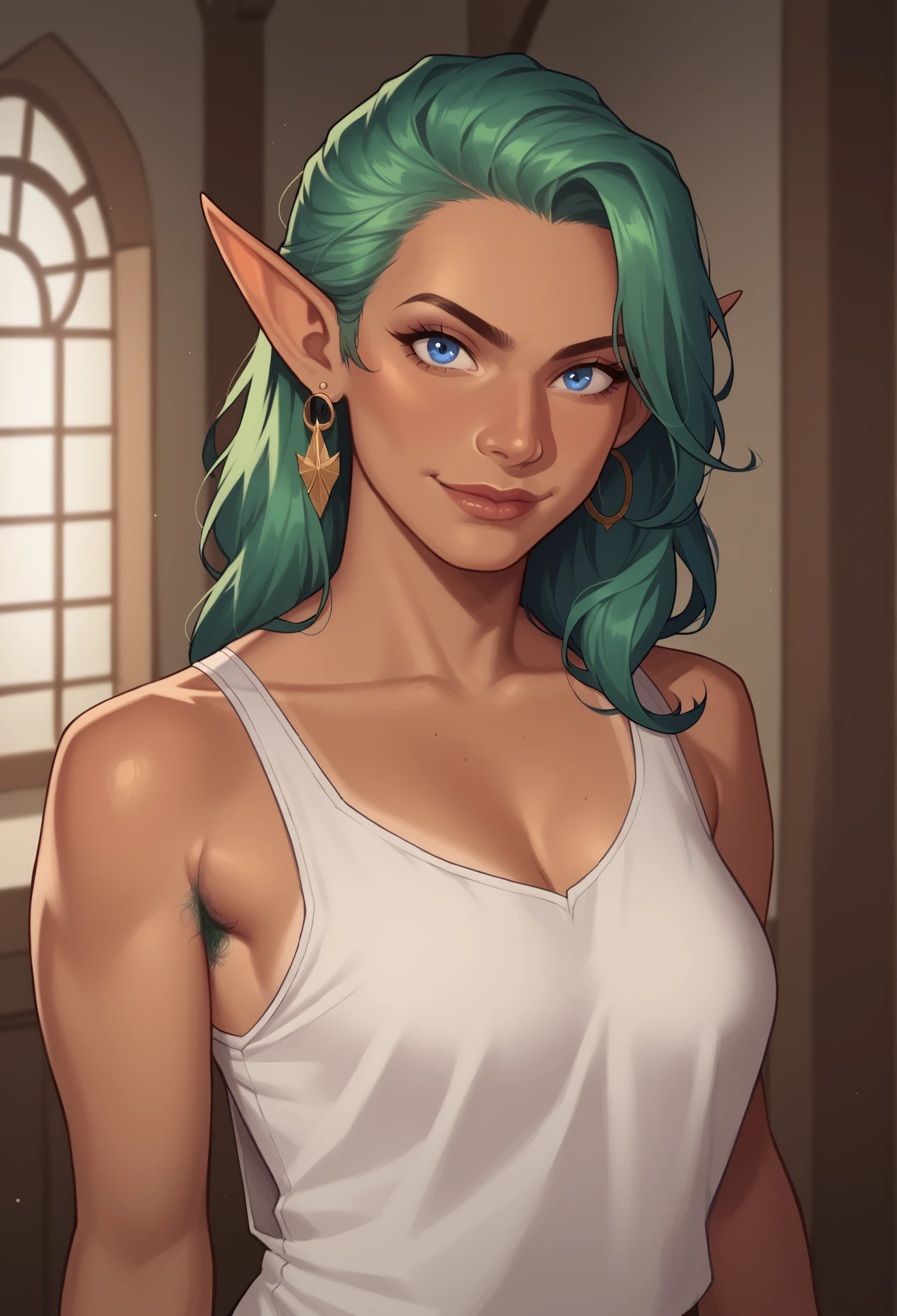 (((beautiful, high quality, comics style, detailed face))), score_9, score_8_up, score_7_up, masterpiece, best quality, unrealistically high details, extremely high quality, ultra-high detail, good anatomy, rating_explicit, perfect anatomy, anatomically correct hands:1.5, blurred background, detailxl, DeepNegative_xl_v1, zPDXL3, Score_PnyReal, deep_negative_pony, cowboy shot:1.5, view from above BREAK solo, 1woman, female, elf, pointed ears, tan skin, brown skin, green hair, ombre hair, earrings, hairy armpits, loose tanktop, baggy clothing, blue eyes, smirking, (face near viewer) BREAK (expressive face, expressive body, expressive emotions, dynamic pose, intense gaze, lively eyes, detailed facial expression, engaging presence:0.5).