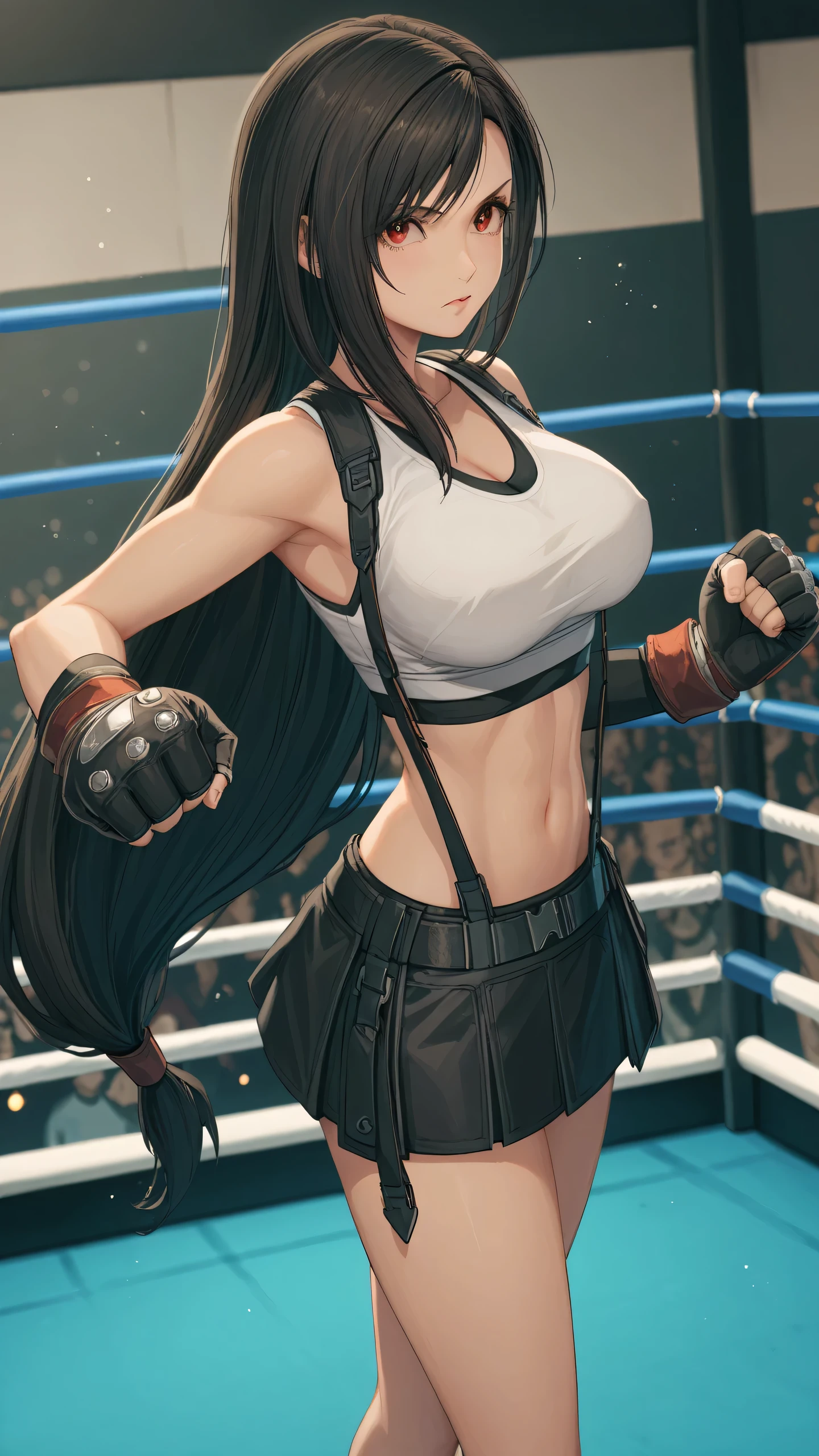 tifa7re, solo, (punching at viewer:1.3), white sports bra, black sports very short spats, boxing gloves, bare thigh, cleavage, slim body, detailed eyes, detailed face, serious, looking at viewer, (portrait, from side-above). boxing ring, spectator seats, (depth of field).