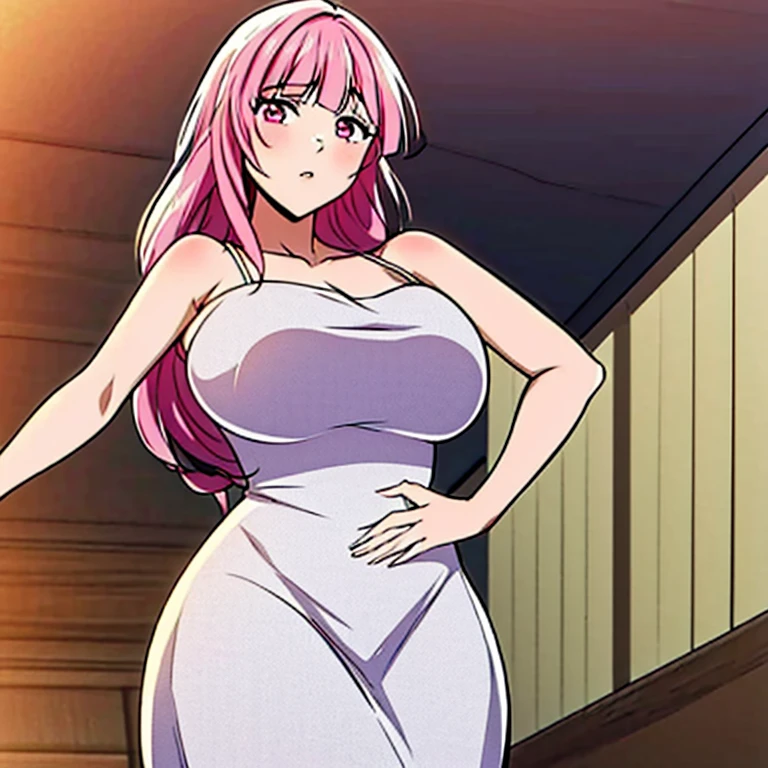 perfect eyes:1.2, detailed eyes:1.4, hall, smile, chandelier, medium hair, Kurayoshi_R, cleavage, large breasts, white dress, pelvic curtain, long dress, medium full shot, thigh-level shot, 1girl,(masterpiece:1.6, best quality),