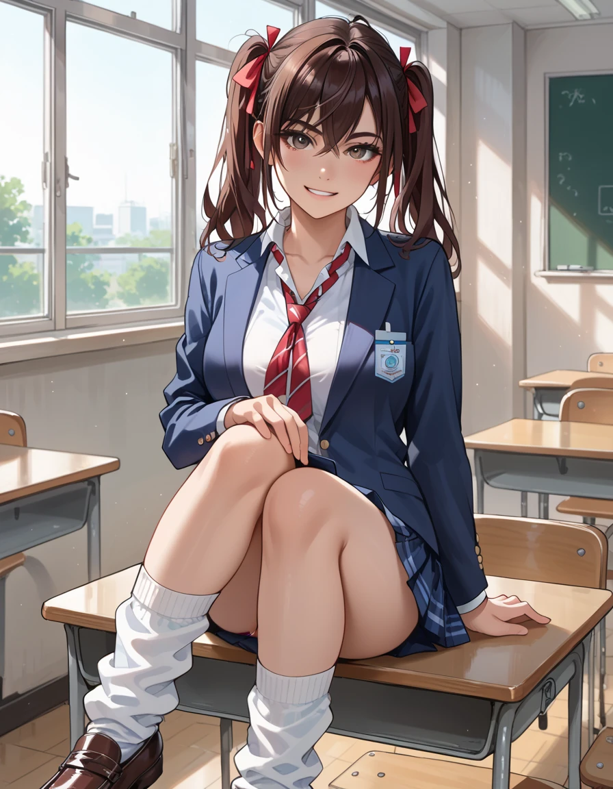 At school, classroom, girl, beautiful, medium breasts, wide hips, small waist, shapely legs, perfect thighs, would be, blushing, angry, , mini skirt with plaid, blouse, thigh high stockings, stockings held up by garters, sitting, chair, crossing her legs,