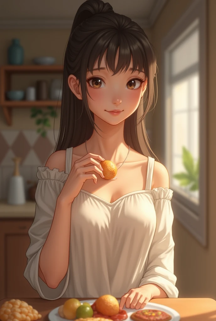 RAW, Best quality, high resolution, (masterpiece: 1.3), cute asian woman, Masterpiece, cute face, bright skin, fair skin, cute eyes, light make up, shoulder-length black hair, standing in a kitchen, feminine gesture, serene expression, body facing viewer, looking to viewer, wearing white midi dress, wearing yellow floral slip dress, brown cardigan, perfect cardigan, hair blowing in the wind, fashionable, beautiful in cute pastel shades, at noon, Great lighting, great sunlight, Bright colors, Ultra realistic clean lines, very realistic