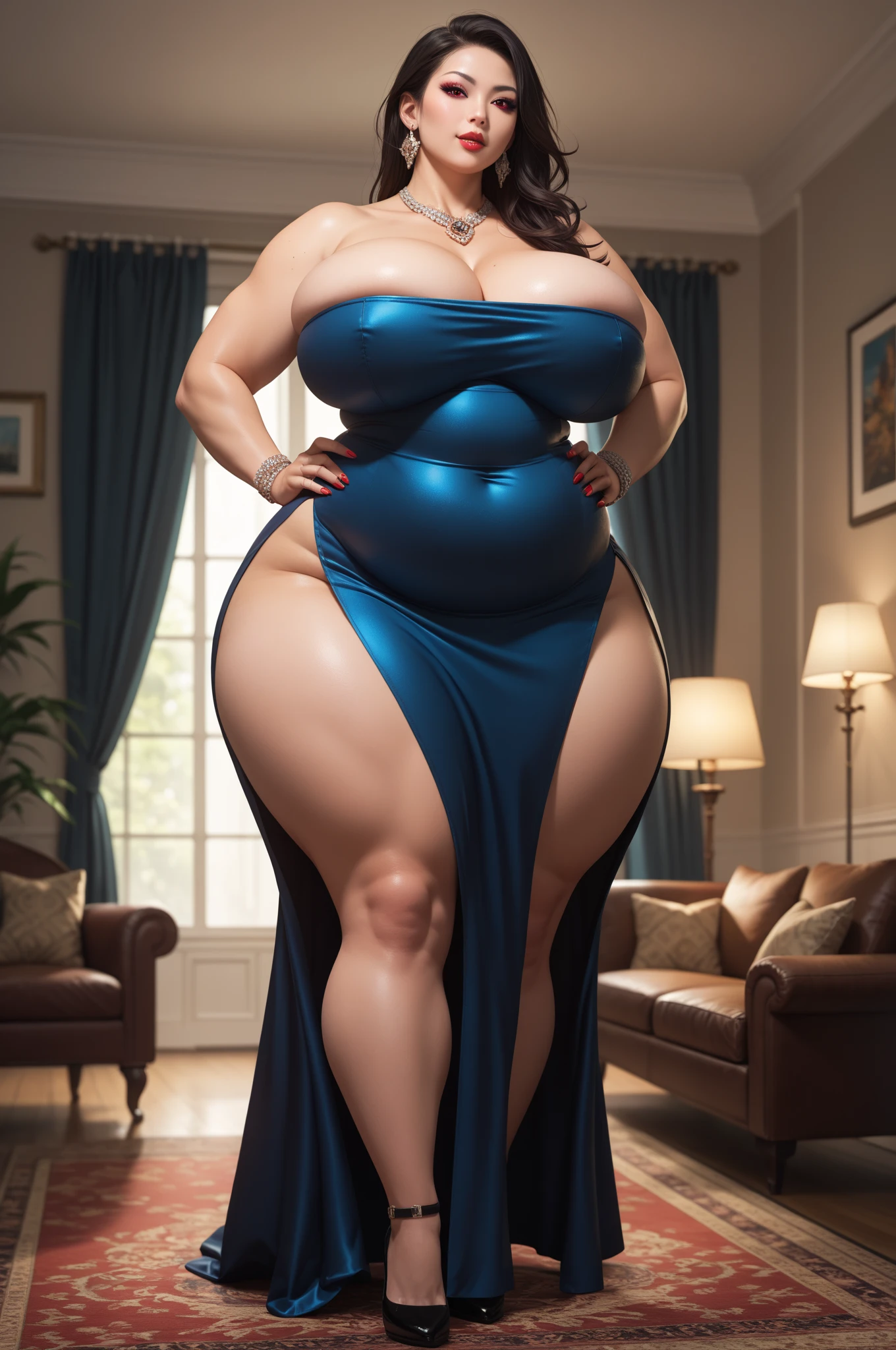 Gorgeous big body tall curvy wife wearing fairy tales frock bedroom scenary