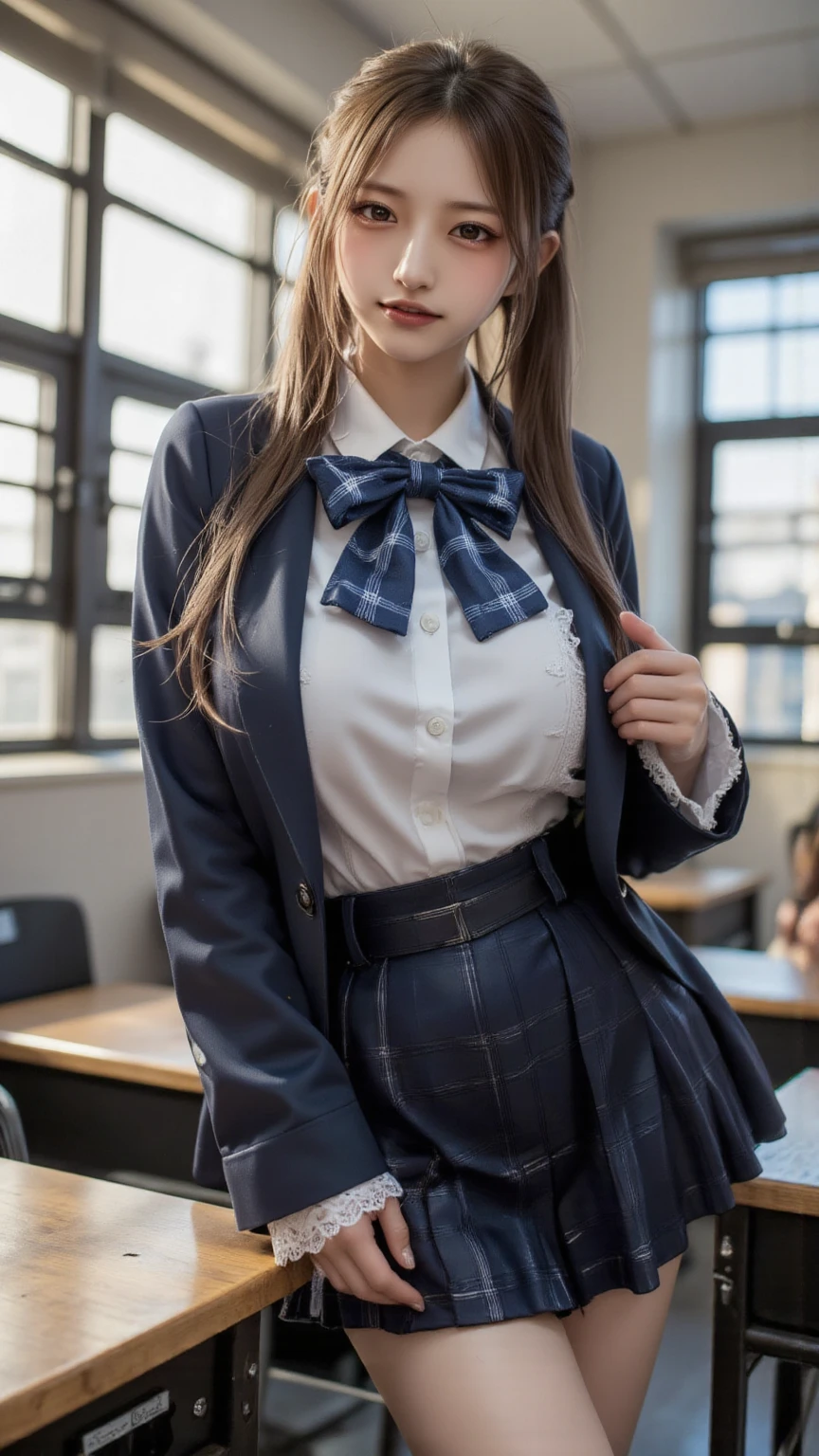 (Cowboy Shot)、alone、hairpin, blazer, Short wavy hair, Pink beige hair, Black bow tie, Sitting, desire,compelling glances,Hyperrealism, Original Creation, High quality 8K backgrounds, Intricately etched, Visually stunning, aesthetic wonder, Perfect excellence, The intense ambiguity, Calm colors、(Very long hair)、Beautiful woman,(school uniform)、Plain Shirt、Shirt with emblem on chest, Pleated skirt、(smile)、(((weak)))、((Delicate painting)),(Detailed RAW photos of girls), (highest quality:1.6), (Ultra-high resolution:1.5), (Realistic:1.75), 8K resolution, Canon EOS R5, 50mm, Absurd, Very detailed,Cinema Lighting,((Spread your legs))、((Panties are visible through the gap in the skirt))、((defenseless))、(sexy lace panties)、(Wearing pantyhose)、Browsing Caution:0.2、Bright classroom