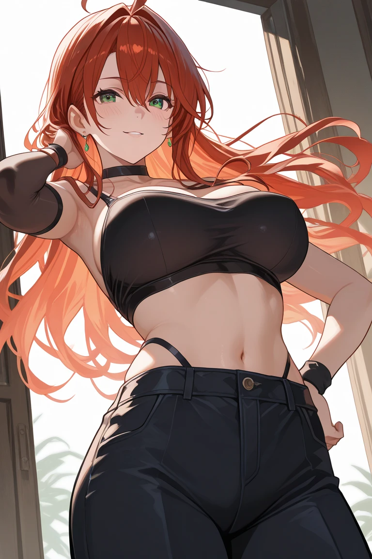 Anime style,There is a woman with long red hair posing in the room, 2 4 years old female model, with pale skin, amouranth, better known as amouranth, with abs, Anna Nikonova aka Newmilky, Engaging pose, she is about 1 6 years old, young beautiful amouranth, Sexy look, With green eyes