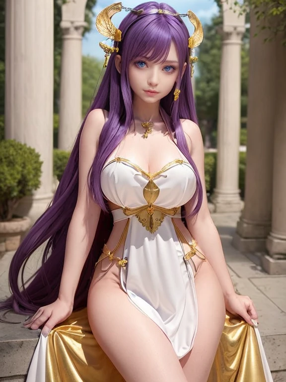 une femme, 25 ans, manga, cheveux longs, cheveux de couleur violette, robe blanche transparente, bretelle tombante, topless, Athena, sceptre en or, tenant un grand bouclier en or, beaucoup de détails, saint seiya, zodiaque, chevalier du zodiaque, dans la Grèce antique