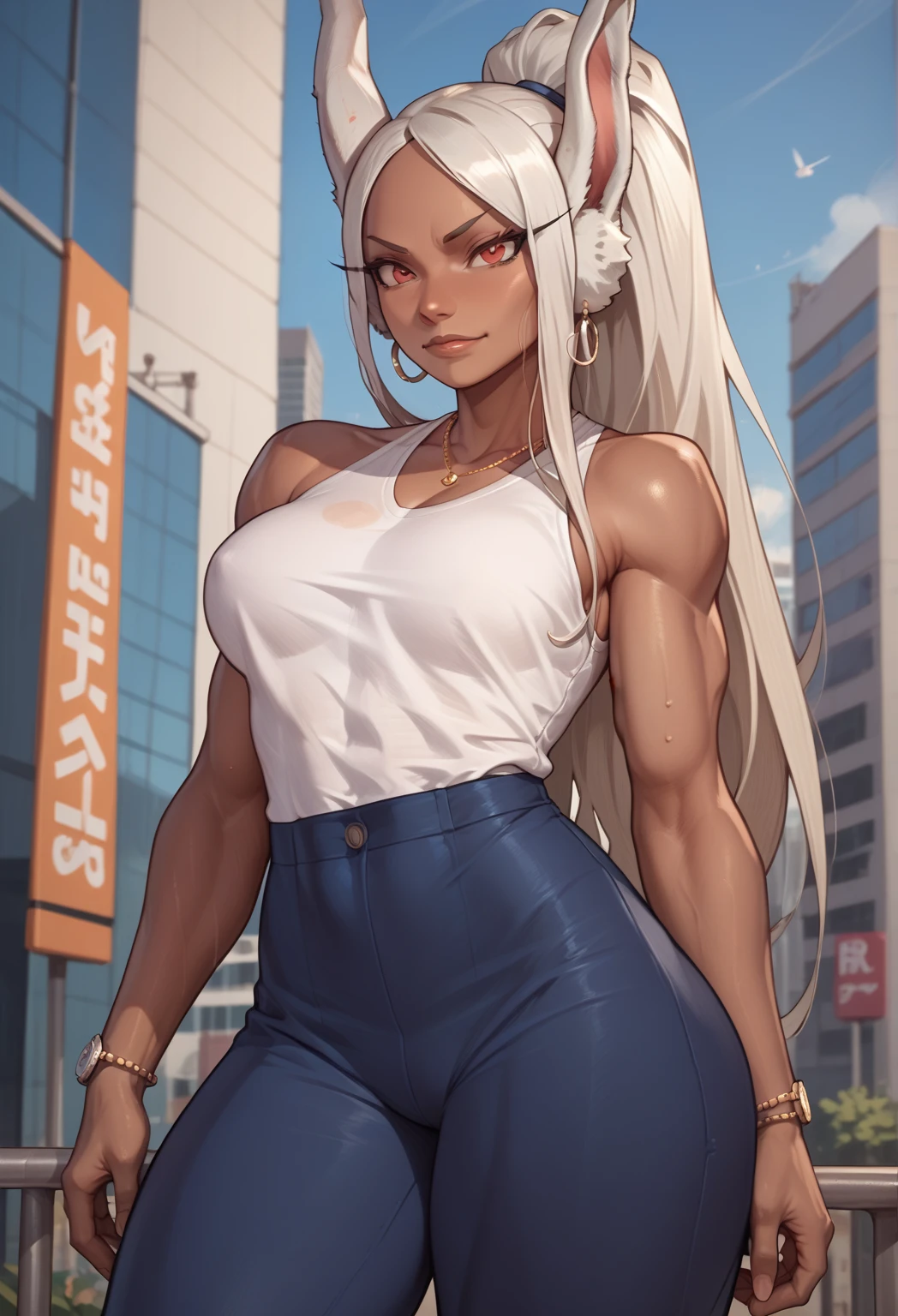 A dark-skinned woman with silver hair in a ponytail, Wearing a black dress shirt and slim jeans, Grilling eel Showing your belly button