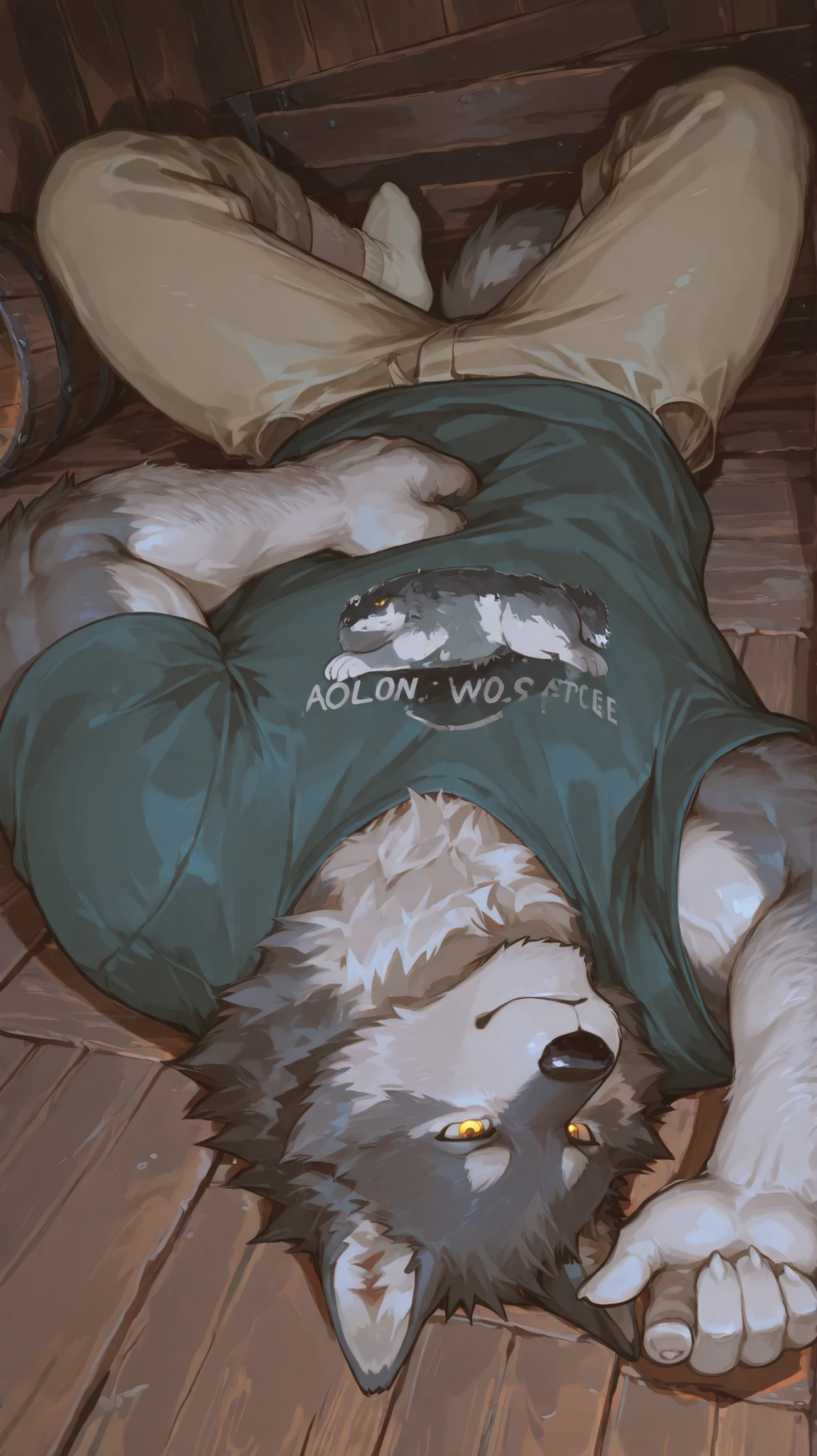 Hairy male, (alone),Gray Wolf,gray fur,white body,golden eyes,tall and strong body,lipoid muscle,Big Guy,muscles,in a wooden tavern,lying on the bed,interior,bassist shirt,khaki pants, white socks,best quality, bulg,(on back:1.2),upside-down,headfirst,on ground,