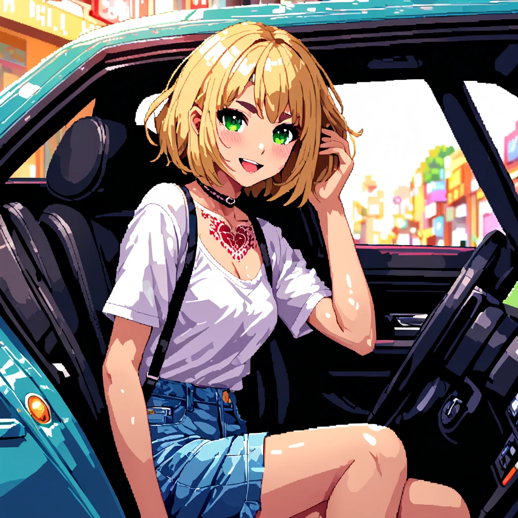 A shot from the side of the driver's seat, as a massive truck thunders through Arizona's white wilderness. A mature woman, exuding confidence and rugged charm, grips the wheel with one hand while giving a thumbs-up with her left hand stretched out from the left window. Her piercing blue eyes, narrowed by the strong sunlight, peer out from beneath mirrored sunglasses perched on her forehead. The arrogant glint of a cigarette dangles from her mouth as she commands the road. A Bandana adorns her forehead, featuring a white skull pirate mark on a black background, complemented by black tribal tattoos that cascade down her neck and shoulders. Her worn moss green tank top showcases her ample breasts, while a dog tag hangs around her neck. The truck's rugged body and flashy decorations are matched only by the beauty of the mature woman behind the wheel, with her striking features illuminated by the bright desert sun.