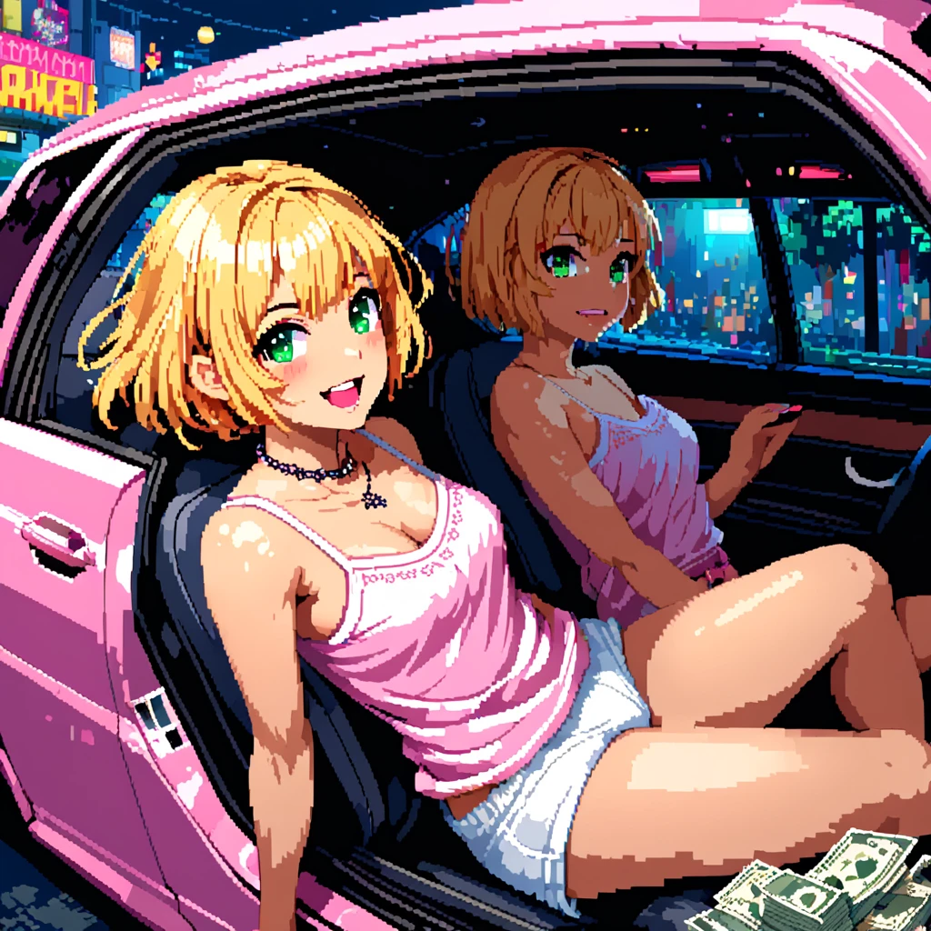 beautiful cute girl,((blonde hair:1.2)),(short hair:1.1),(Lightgreen eyes:1.2),(cute Lady:1.25),(Flower and plant print shirt summer clothes:1.2),((Magazine cover:1.0)),((lace:1.2)),(首を傾げる:1.3), (lie on your back:1.15),(In a car:1.1),(open your mouth:1.1),kiss Face.