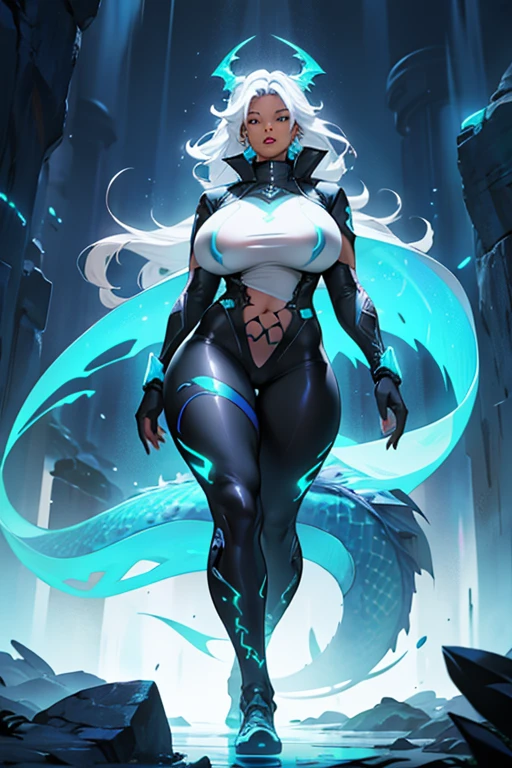 Curvy Black girl (transparent clothing, massive breasts, full lips, tattoos) with a bioluminescent dragon tattoo around her leg.