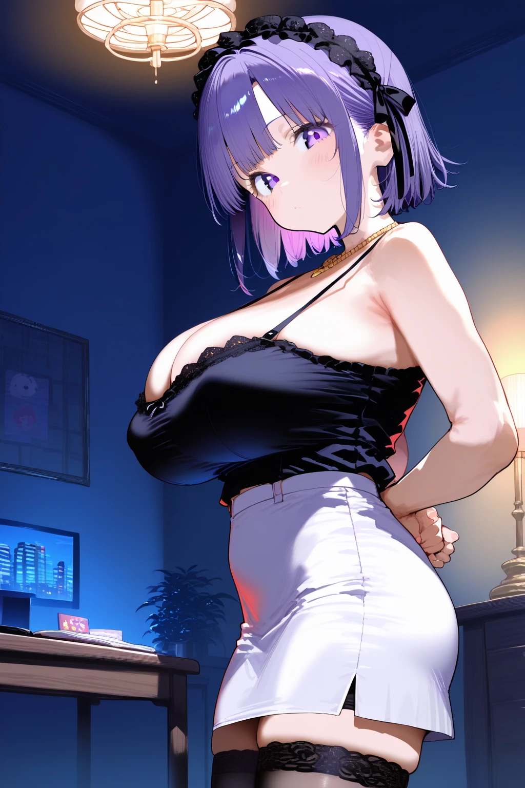Girl with black short hair, bangs, Blue inner hair:1.25) , Purple eyes, avert your eyes, Blushing, Embarrassing, indoor, market, cash register, Oversized off-shoulder T-shirt, Wet, Center of chest, Night atmosphere, (((Big cleavage))), Upper Body, concentrate, Blurred Background, Convenience store customer, A girl places condoms and lotions on the cash register to pay、Flashy makeup, (garu fashion:1.2)、Camel Toe、Giant tit、Nipple Puffs、Cleavage、Plump、Super big breasts、Super big butt