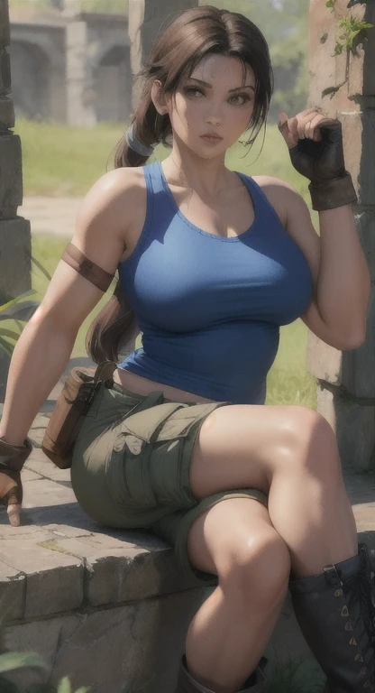 Front view slim Lara Croft Is in the amazon rain forest.wearing see through white Crop-Top and white latex pants. Walking, slowly and carefully, through the ground dwelling plants and shrubs trying not to be seen by her quarry. Eyes alert for movement. Hazel eyes. (detailed eyes:1.3), Bokeh, depth of field. detailed hair. Greatly augmented bosom. ((Hard nipples showing through clothing)). Greatly Augmented buttocks. (play of light and shadow:1.2), ultra detailed, Mouth wide open (((Tongue dangling down way out of her mouth))) Enjoying squatting on a dildo. Ponytail hairstyle. ((Head to toe)) ((full body shot)) sneakers. Equal size butt cheeks.
