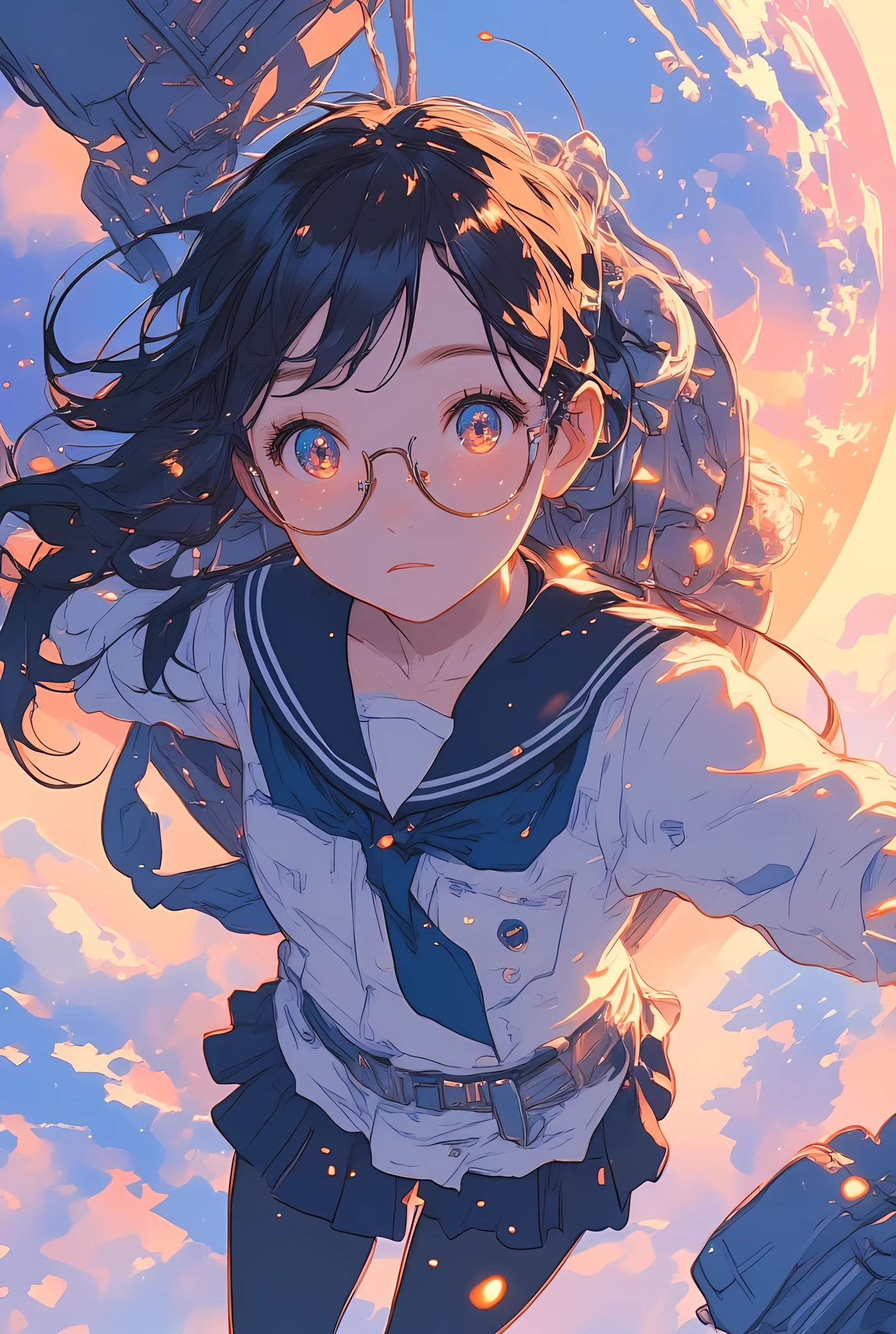 a painterly digital illustration of a Japanese high school girl floating in outer space during orbital sunset, shown in a close-up bust-up composition with soft frontal lighting,
she wears a white sailor-style school uniform with a deep navy blue collar and a matching blue ribbon at her chest, with the edge of her black tights just barely visible in the frame,
her long dark hair drifts gracefully in zero gravity, and she wears thin-rimmed glasses that reflect the warm sunlight softly,
the gentle front light highlights her serene facial expression and delicate features, casting warm golden tones across her skin and uniform,
behind her, the curvature of Earth and the pastel colors of sunset — pinks, oranges, and lavenders — glow softly in the vacuum of space,
there are no other objects or debris around her, only the stillness of space and fading light,
illustrated in a soft cinematic anime style with watercolor textures, gentle gradients, and a calm, reflective emotional tone — capturing a moment of quiet beauty beyond gravity