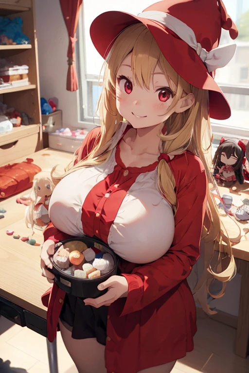 1 female, teenage girl, red long sleeve dress, blonde long hair, rosa cheeks, doll store, happy face, huge breast, teddy bear, hug