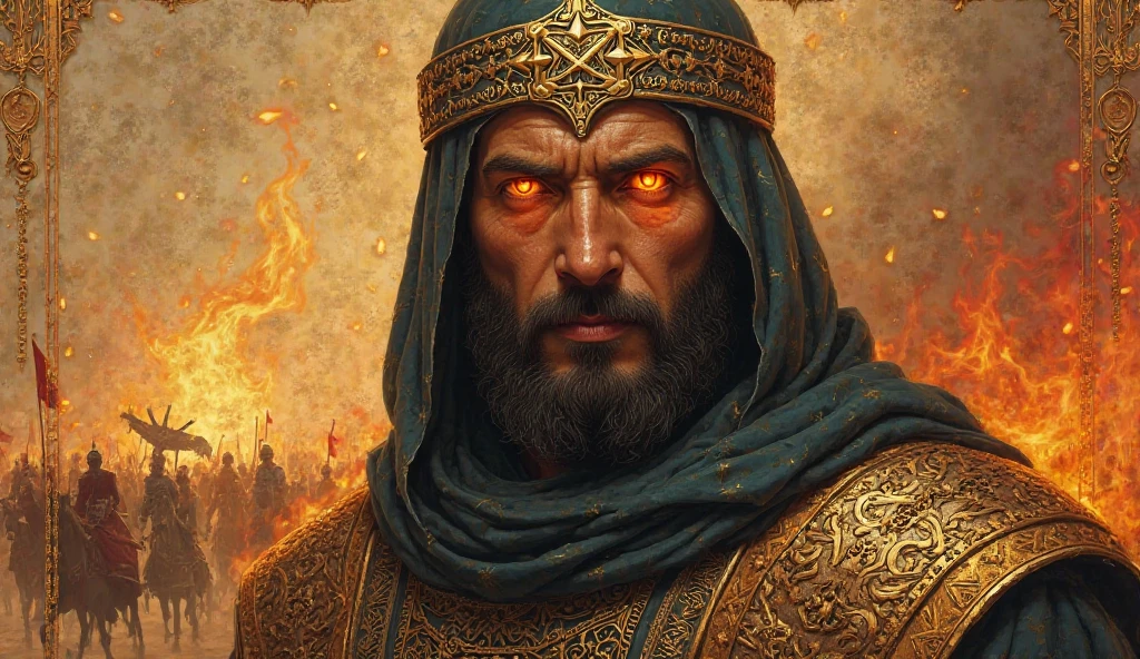 ** Ultimate Prompt :**  
*"Detailed medieval portrait of Saladin in format 16:9, with burning eyes in supernatural flames (close-up zoom effect). inspired by illuminated manuscripts from the 12th century:  
- ** Face and Eyes :** Serene but powerful expression, c style partially illuminating its features. Technique of gold leaf to enhance reflections.  
- **Upper background :** Smooth scroll in aged ivory tones, with Islamic geometric motifs subtle on the edges (ochre color ).  
- **bottom background:** Battlefield blurred in the *Sfumato *, with silhouettes of warriors and banners waving in the distance (earth tones and muted reds).  
- **details:** Tunic with Arabic calligraphy embroidered in gold thread, damascene armor and a medallion with the symbol of Saladin's eagle. Warm ambient light to unify the scene."*  
