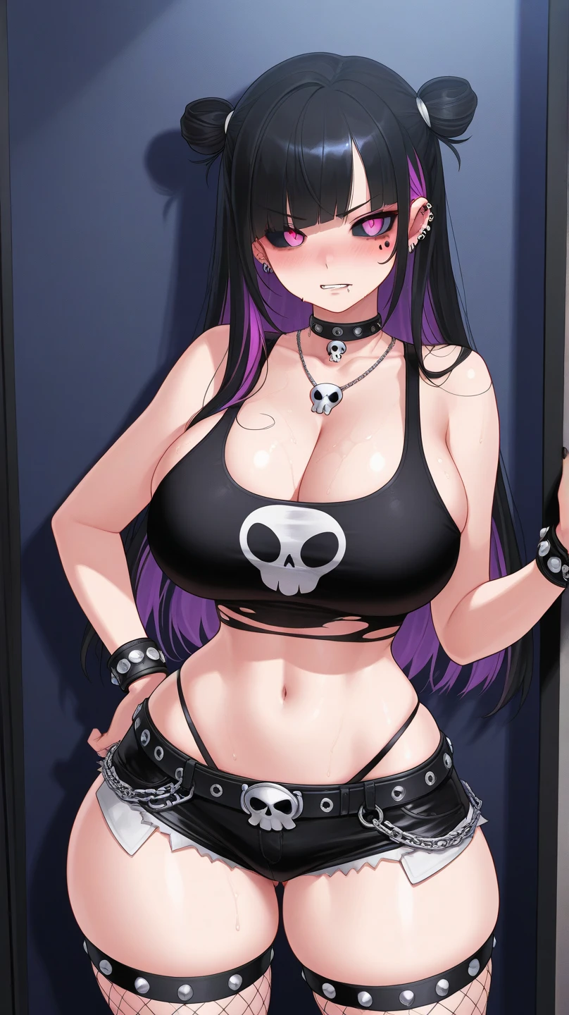 big lips, Brown hair, pink eyes, japanese face, improve, improve grin, two sides up, huge breasts, Wide hips, sexy, detailed, green room, Hits, (evil smile1.4), kawaii, pleated skirt, punk, GOOD, zombie costume, zombie shirt, zombie choker, zombie skirt, dezombie shirt,navel piercing