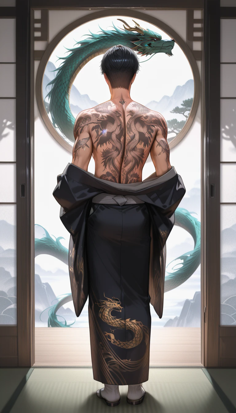Master piece, best quality, anime guy in dujneon room, shirtless, muscular, handsome, long white hair, dragon tattoo on the back, tattoo from neck to lower back, super detailed, back view, view from the back, anime musuclar guy standing in dunjeon room, martial artist, hero, looking at a side, high resolution, highly detailed, best quaiity