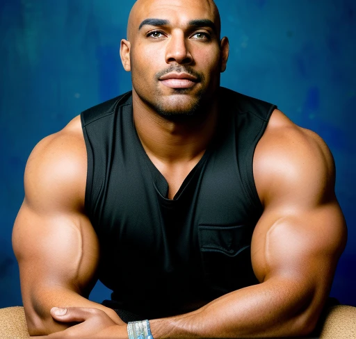 (masterpiece, intricately detailed, highest resolution, best quality:1.2), (doujin), a cocky dom African American,a 32 y.o muscle stud with a muscular physique sitting on a chair with black eyes, bald head, very dark-skinned male, wearing a ((open jacket, chav, armbands)), (excessive cum), (cum on body), (cum drip), flaccid penis,saggy balls,hairy chest,vascular,muscle striations,soft light,fantastic realism, ((colth))