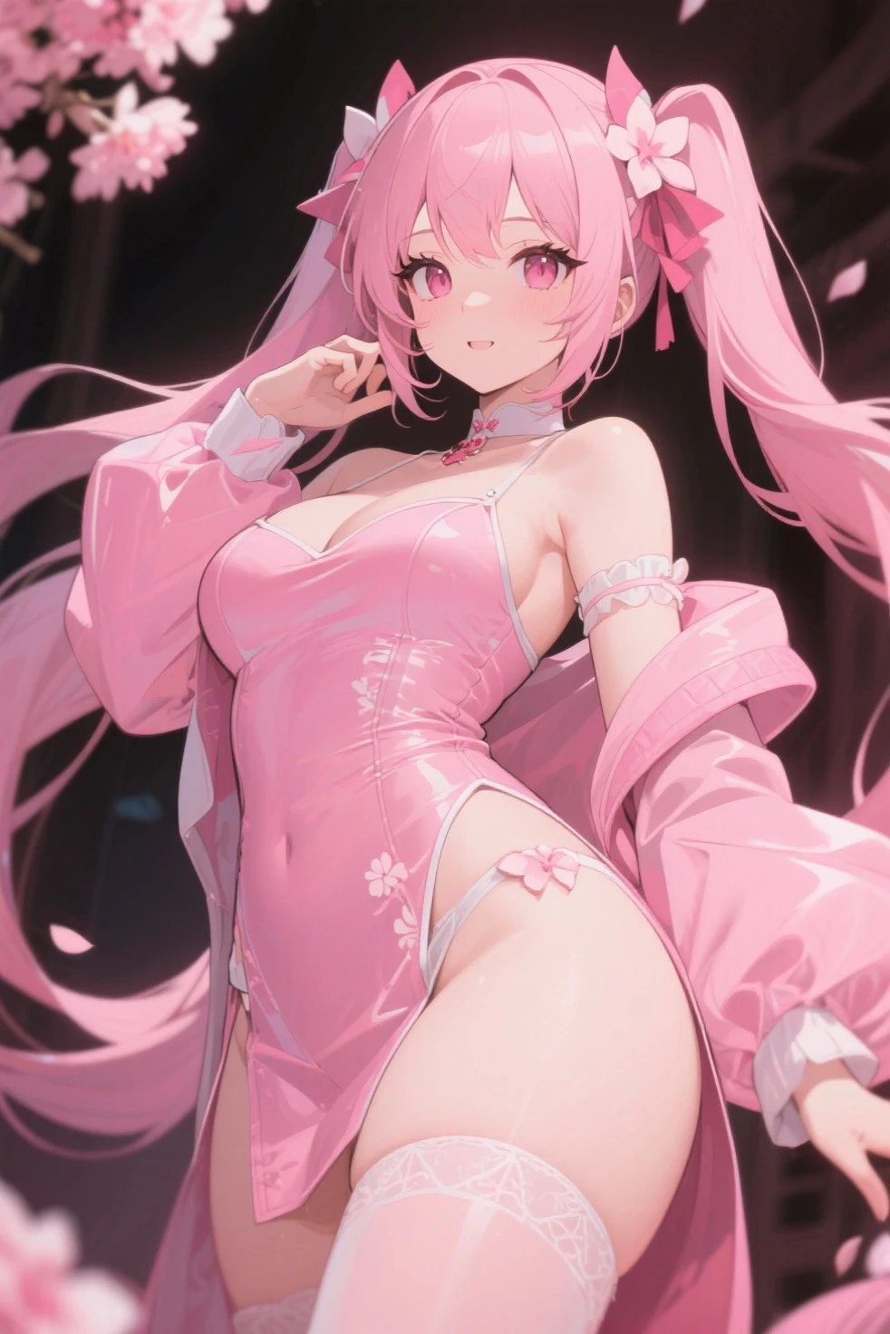 (Masterpiece, Excellent, 1girl, solo, complex details, color difference), realism, ((medium breath)), off-the-shoulders, big breasts, sexy, Yae Miko, long pink hair, red headdress, red highlight, hair above one eye, green eyes, earrings, sharp eyes, perfectly symmetrical figure, choker, neon shirt, open jacket, turtleneck sweater, against the wall, brick wall, graffiti, dim lighting, alley, looking at the audience, ((mean, seductive, charming)), ((cherry blossom background))),((Japanese temple background)))), (((Glow-in-the-dark background)))) ung girl, character sheet, concept art, full body, (masterpiece: 1.2), (best quality: 1.3), 1 girl, standing, punk