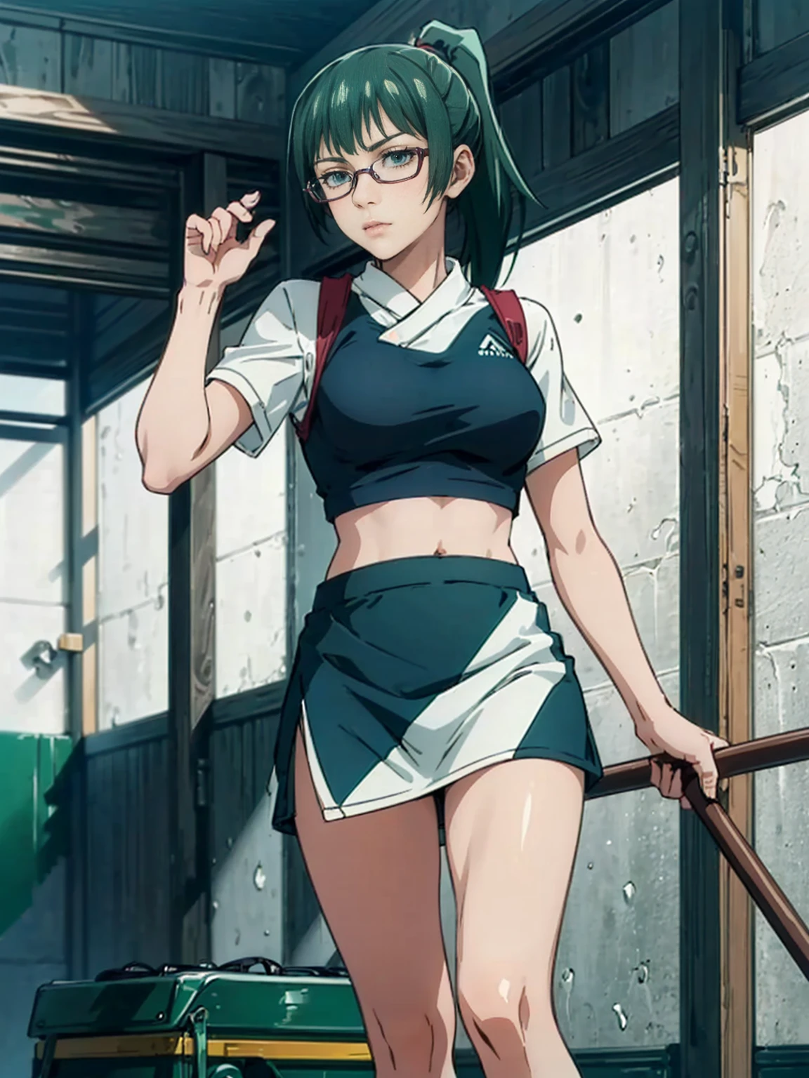 art by kipteitei, 1girl, dark green hair , hair in pony tail, maki zenin from the anime jujutsu kaisen, big plump belly, huge belly, huge belly, pretty face, nose, lips, beautiful eyes, circle glasses, (best quality, masterpiece, 4k, sharp focus), professional photograph, sharp focus, dramatic, award winning, cinematic lighting, octane render, unreal engine, volumetrics dtx,