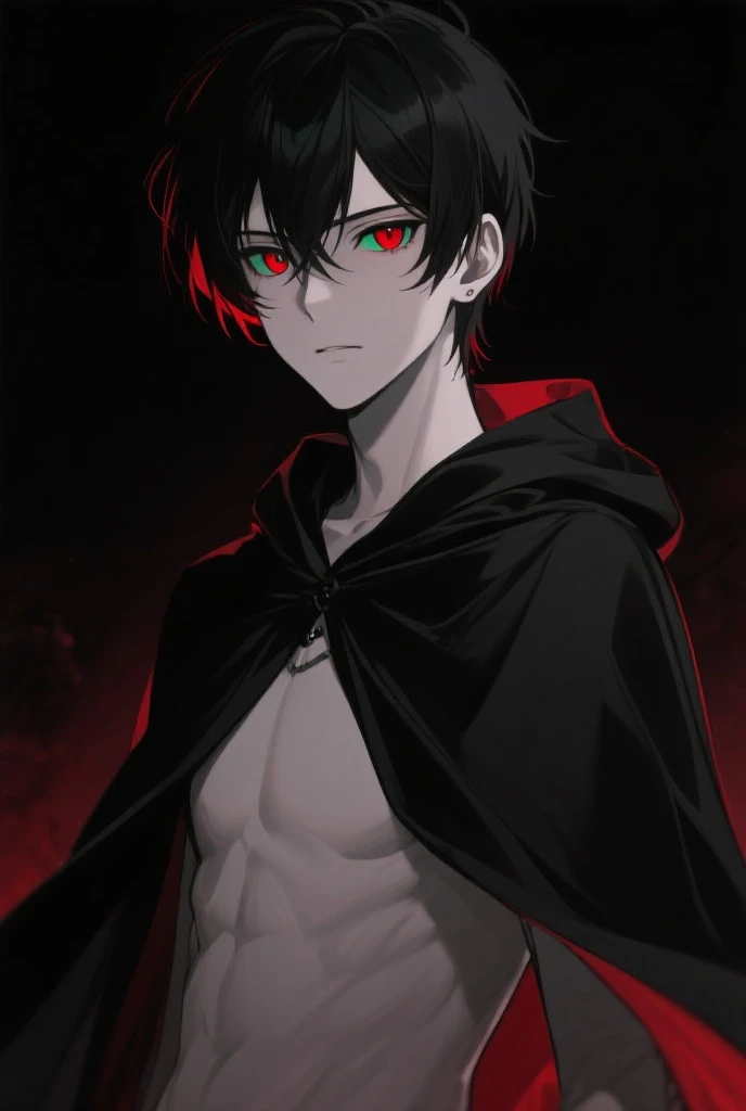 completely black eyes, 19 years old, mage, horns, black hair with red highlights, emotionless, pale skin, dark, medieval, chaos magic, dark magic, with cape, powerful, short hair, a girl with a cute boy appearance ,girl, men's clothing