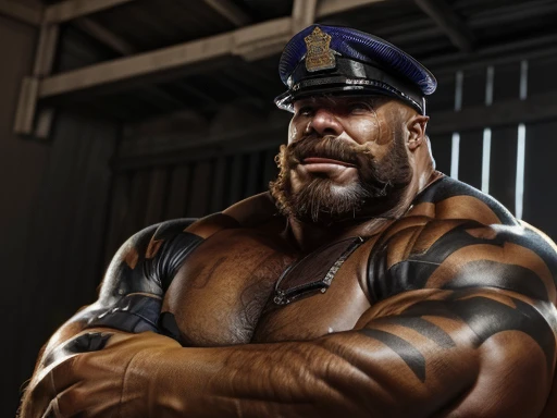 barret, dark skin male with gun arm and tattoo, sunglasses, shirtless , (( Nude ))  , erect penis , massive asshole , massive dripping cum asshole , full body , black boots , laying spread legs , angry face