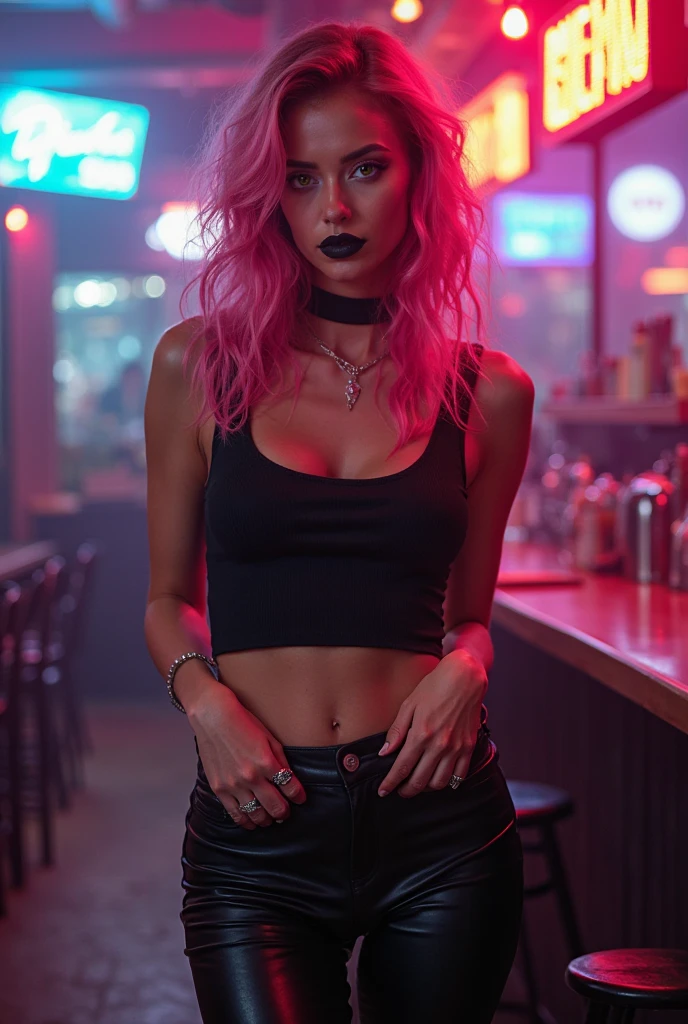 realist, 24 year old photo, oh beautiful woman, pink hair, clear skin, bokeh, motion blur, in a bar, from below, detailed, medium bust, Wide hips, small waist, cara frontal, sitting, same face, black denim pants, black leather jacket, black blouse, neckline