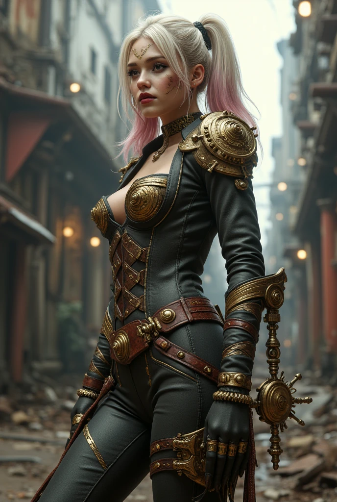 Em um mundo de fantasia steampunk, uma mulher com um estilo punk a vapor assume o centro do palco enquanto caminha por uma rua intrigante. She is dressed in a flawless black leather outfit adorned with gleaming metallic accents, que a destacam na paisagem. Its accessories are a work of art in itself, with stylized aviator glasses, luvas de renda, and knee-high boots that echo the retro-futuristic aesthetic of steampunk.
Seus cabelos longos e escuros caem graciosamente sobre seus ombros, acentuado por destaques coloridos que adicionam um toque de rebeldia ao seu visual. Her eyes look at the camera with a confident and defiant expression, Revealing the determination that drives her in this intriguing world.
The scenery around it is a street adorned with giant gears, steam pipes and peculiar mechanical structures. The atmosphere is saturated with copper and bronze tones, Creating an authentic and captivating steampunk scene.
In this extraordinary setting, Our protagonist embodies the fusion between the elegance and style of steampunk and the bold attitude of punk. Feel inspired to create an image that captures this unique and mysterious fusion."