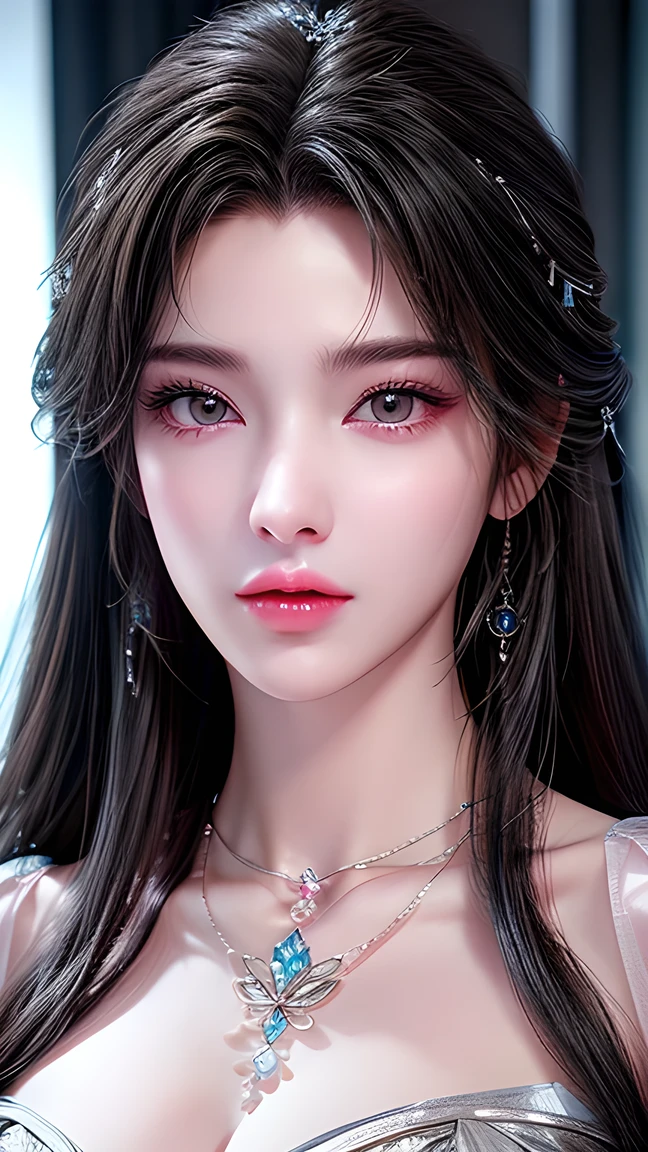 一个Fashion的女孩, long hair, beautiful and detailed eyes, Beautiful and detailed lips, Extremely Detailed Face, Long Lashes, Smooth lip surface, vibrant pink lips, shiny silver tight dress, Cleavage, diamond necklace , photorealistic, 8,000, (best quality:1.2), Very detailed, (realistic:1.37), Elegant, Fashion, modern, studio lights, Movie,plump breasts