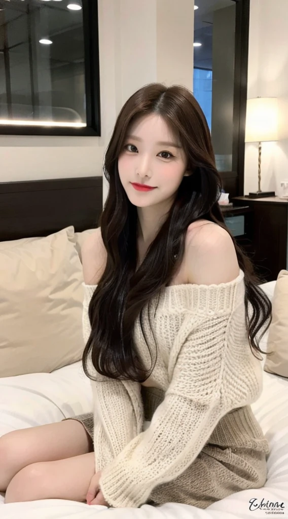 (1 Korean star with royal sister style), ((Best quality, 8K, 巨作: 1.3)), focal point: 1.2, Perfect body proportions: 1.4, (Make a smile), (Ray traching),Watery eyes, Highly Detailed Face and Skin Textur, Fine eyes, Double eyelids, Whitens the skin, (long whitr hair, Air bangs: 1.3), (face round: 1.5), (Student uniform: 1.4), (duck sitting,sit on a bed: 1.6),(black lence stockings: 1.4),(film grain style:1.3),a sense of atmosphere