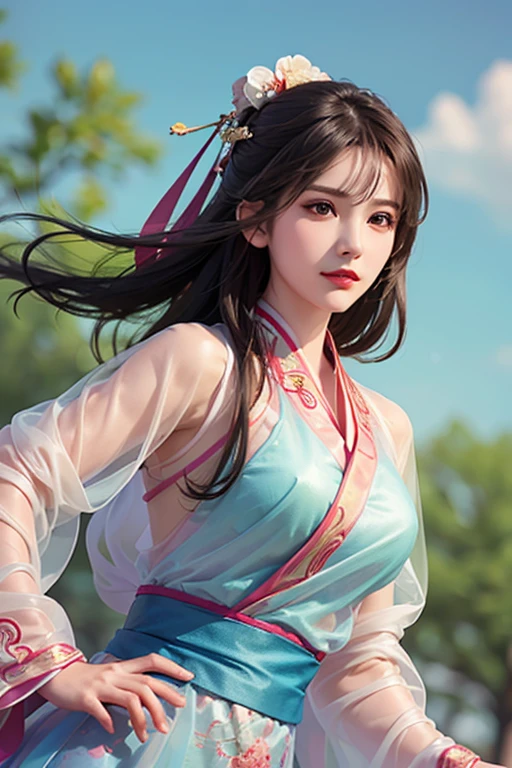 (masterpiece, top quality, best quality, official art, beauty:1.2),（The most detailed and clear facial features：2.0，Face profile：1.0） (1 Chinese goddess:1.5), Very detailed,(realistic art:1.1),(rich and colorful:1.1)(flowers:1.3),most detailed,(Zentangle:1.2), (dynamic poses，spread out thighs:2.0), (Blue sky, white clouds, moon and mountains background:1.3), (Chinese embroidered Hanfu:1.2), (spread legs，Create glowing skin，Camel toe pubis：1.2), (Many colors:1.4), ,(earrings:1.4),