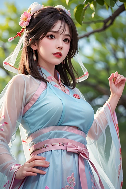 1 real beautiful girl, Waist-length hair, Long black hair with a hint of blue,Light blue eyes, Ancient Aodai, style hanfu, Wearing ancient Chinese thin silk shirt, Pink and smooth fair skin, Wearing a simple Aodai, Shoulders and head appear in the photo,Cute little face, Eye bags under wet makeup, Plump red lips, pout, ((Shut up:1.0)), Balanced front teeth, Awkward, Small face makeup,very beautiful, Super round and firm breasts, Breast Augmentation, bbloom , Wear a camisole underneath to cover the girl's chest, blush, From the front, Wearing earrings, necklace, from above, Looking at the audience, Upturned eyes, whole body, masterpiece, Top quality, best quality, Official Art, Unity 8K wallpaper, high resolution, 超high resolution, Extremely detailed, (Reality:1.2), Solitary, Solitary, Only one girl, style hanfu Dunhuang, 10x pixel, Super realistic, Ultra-high quality, whole body view of the girl, Upper Body,